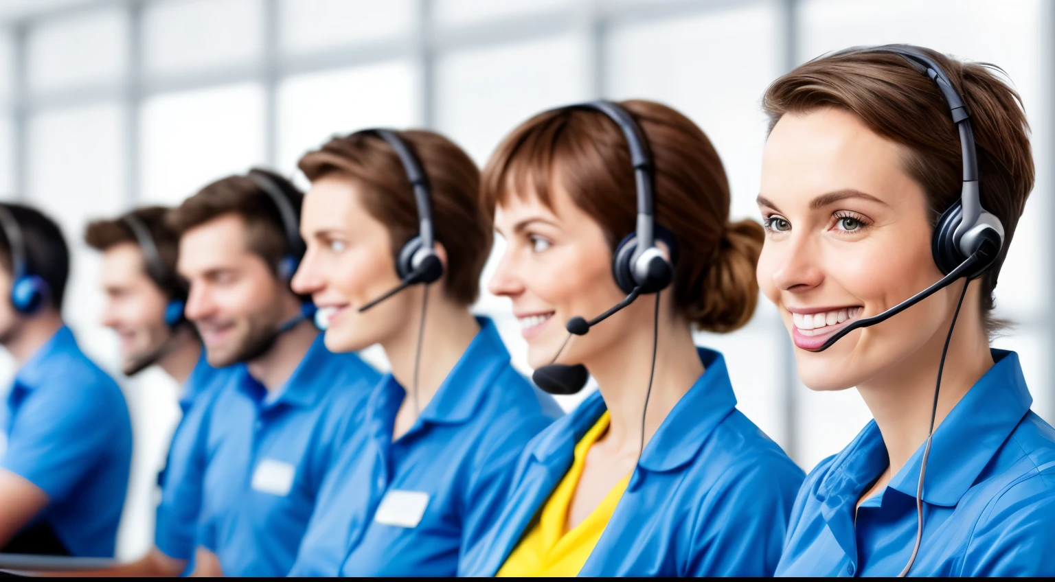 closeup cru de um atendente de telemarketing, in a call center operation with a blue and yellow background, Cru, 8k, Ultra HD, natural lighting, sincero, close extremo,