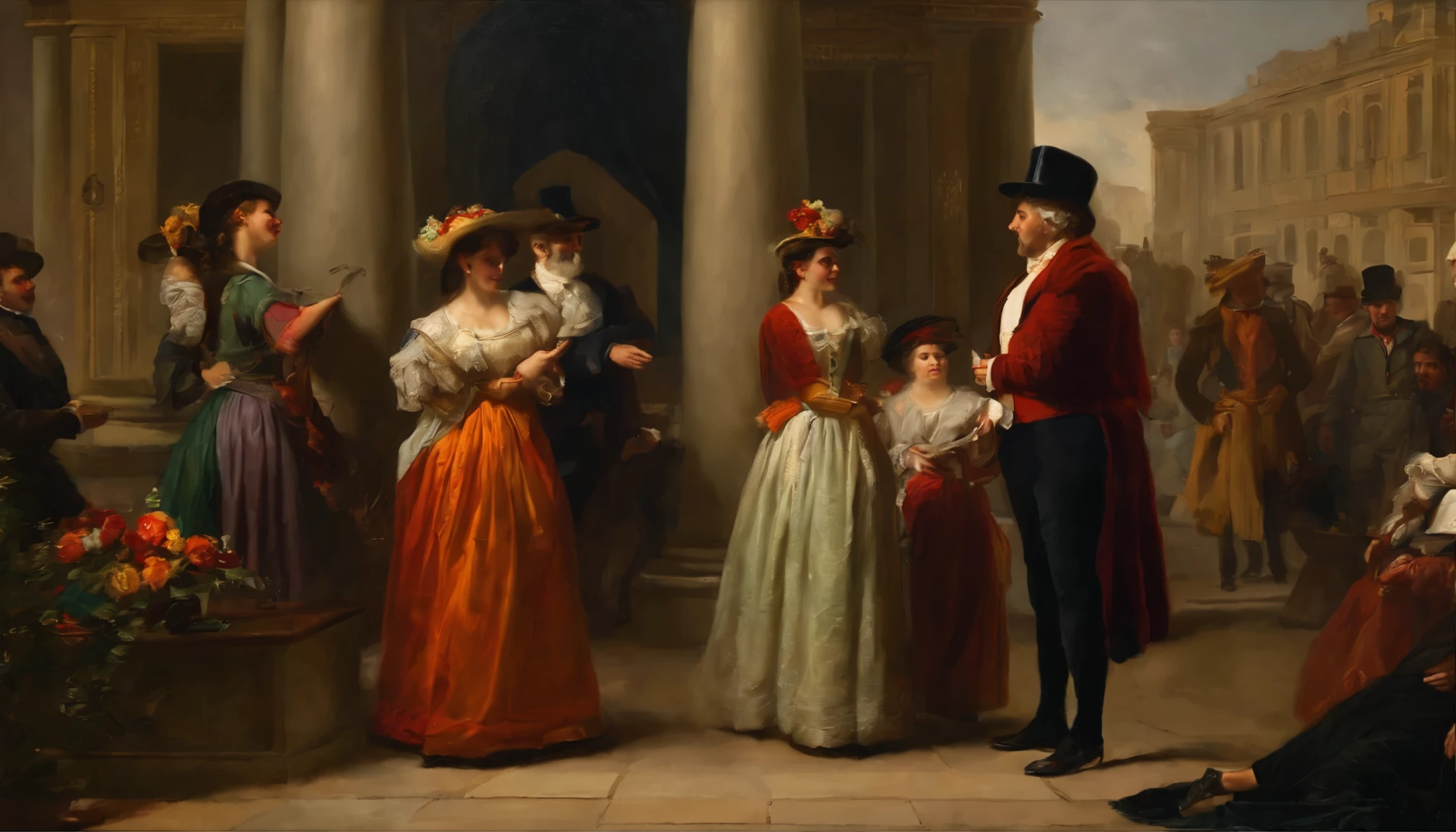 neoclassical oil person paying seller for buying clothes, pessoa feliz alegre detalhes expressivos