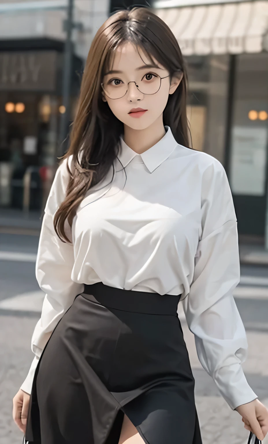 ulzzang-6500-v1.1, (original photo:1.2), (lifelike:1.4), Beautiful and delicate girl, Very detailed eyes and face, beautiful and delicate eyes, ridiculous, incredibly ridiculous, File size is large, super detailed, high resolution, Very detailed, best quality, masterpiece, ((fashion clothing，various colors)), illustration, Very detailed, CG, unity, 8k wallpaper, amazing, Exquisite details, masterpiece ,best quality, Very detailed CG uniform 8k wallpaper, There is Light on the face, Light, 1 girl, 16 years old, long white hair, side splits, (big breasts), (No)), (Glasses), ((dynamic poses))), ((sexy pose))), (camel toe), (half), (pantyhose)), ((black hip skirt))