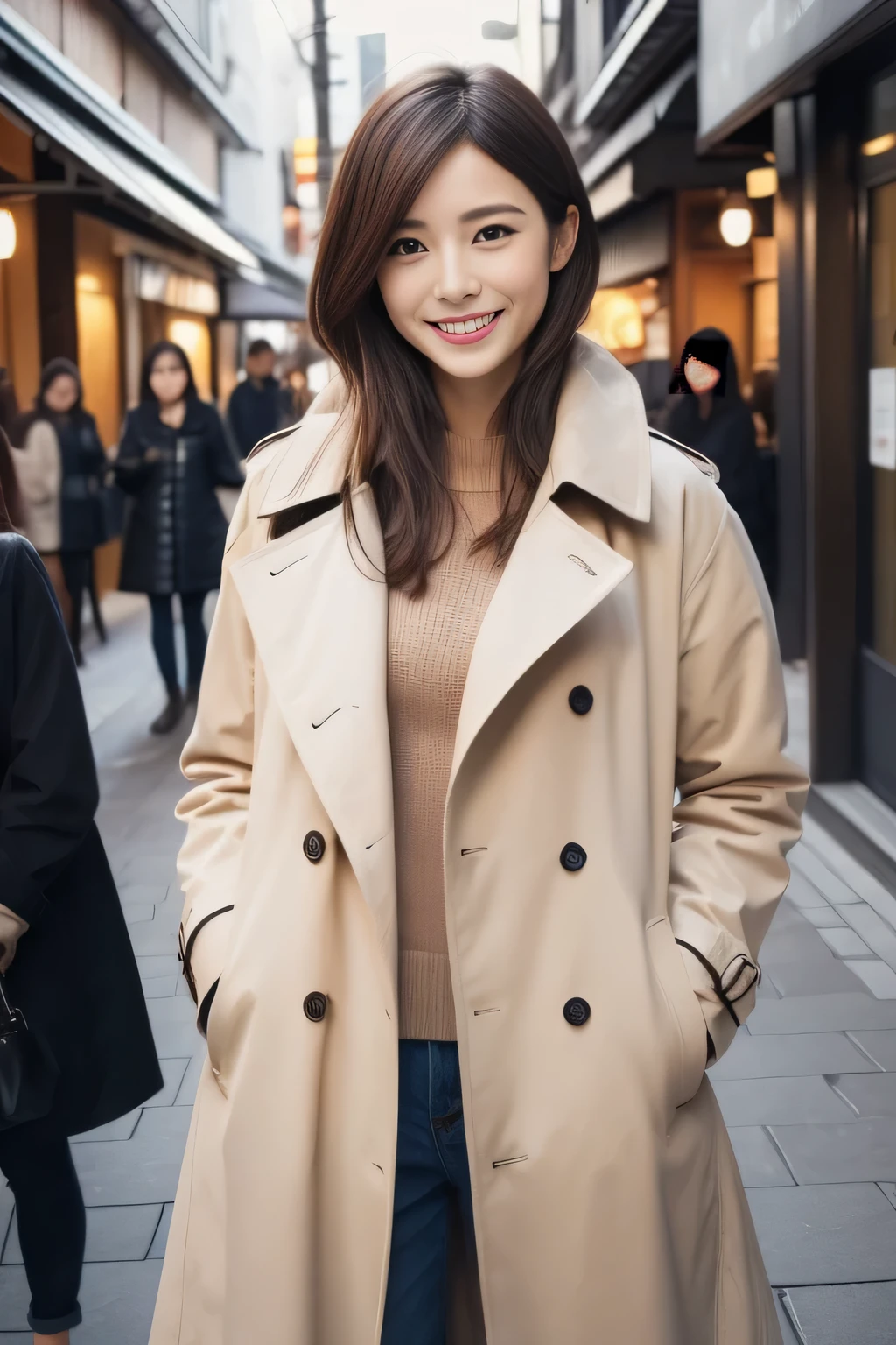 The face is a hostess、trench coat、high quality、surreal、healthy、smile、Perfect slender figure、beauty of japan、beautiful eyes、perfect face、beautiful skin、Upper body、Christmas tree、street
