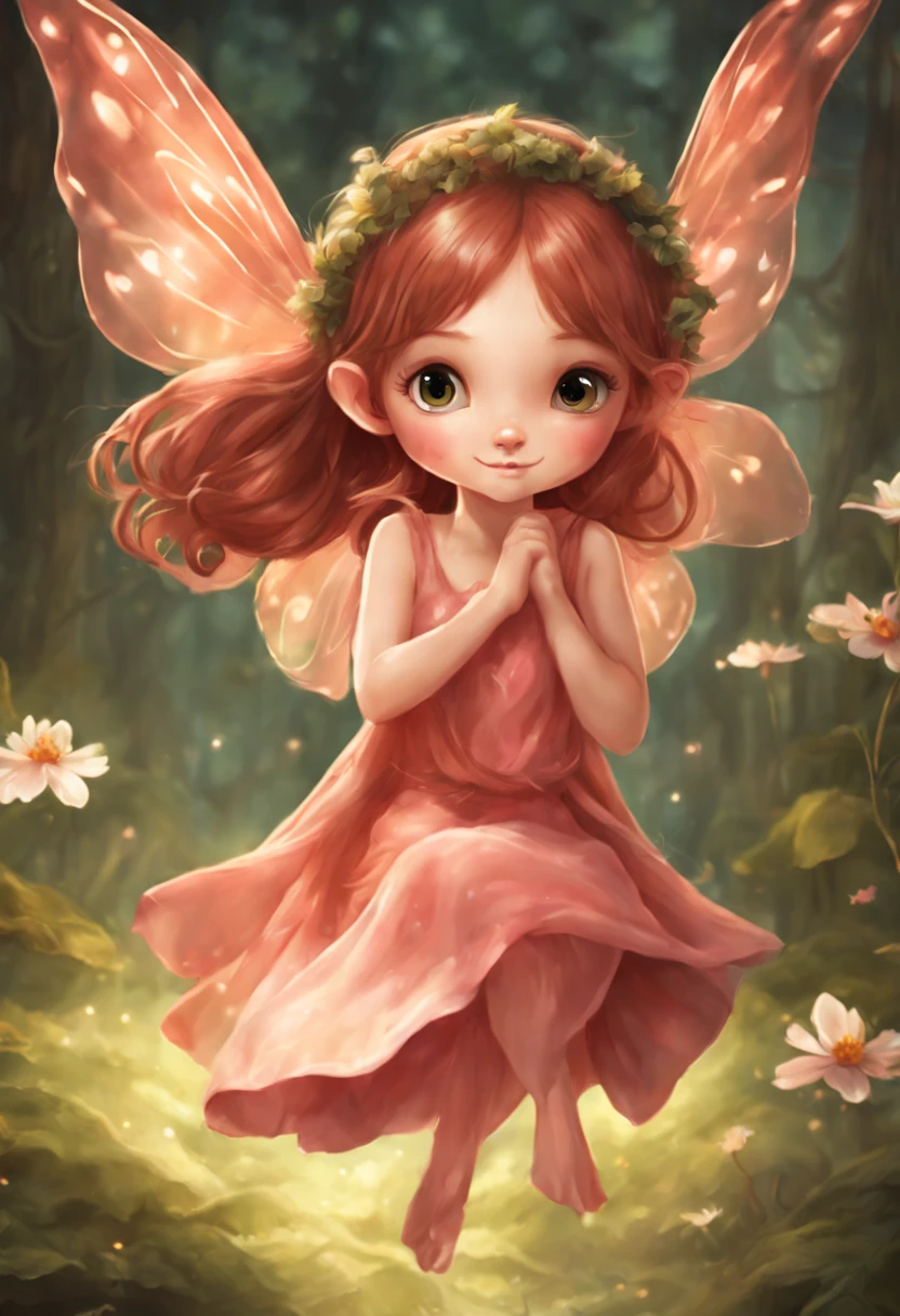 Forest fairy with soft wings on her back, light red clothing, adorable little character and floating softly in the air, spotlight gently illuminates, high quality image.