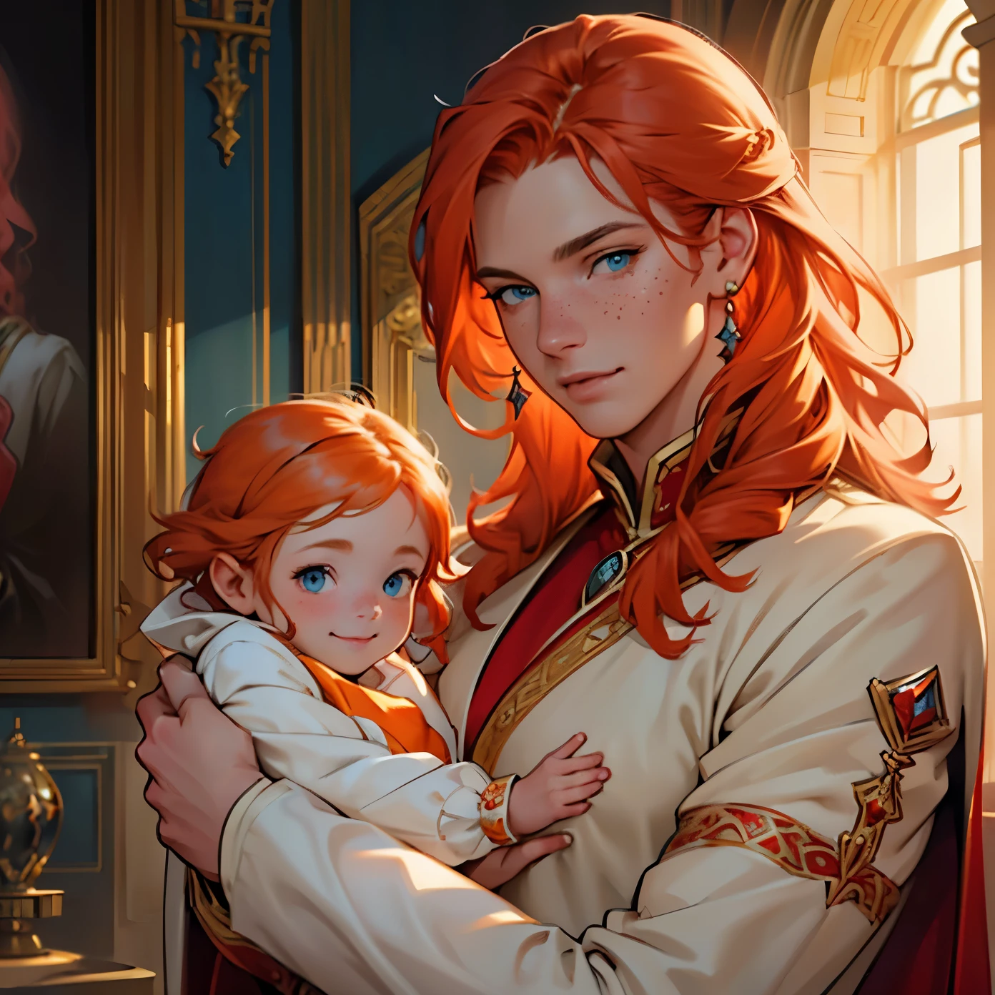 (a girl with red hair),(blue eyes), wavy hair, freckles on her face,(wearing Queen's clothes),(gentle smile),(in a Palace environment),(pregnant belly),(hugging a young man of long red hair),(blue eyes and noble clothes), [vibrant colors], [oil painting], [detailed background], [soft lighting], [high resolution], [elegant atmosphere], [beautifully detailed eyes], [beautifully detailed lips], [long eyelashes]. Ultra-detailed, 4k, 8k. (realistic: 1.37, best quality, 4k, 8k, high resolution, masterpiece: 1.2), anatomically correct. (holding a baby in your arms:1.3)