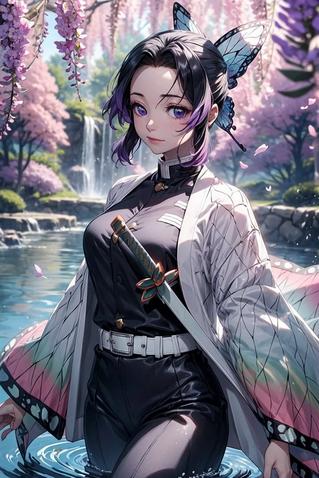 Extremely detailed and high-resolution masterpiece of Kocho Shinobu, the beautiful and deadly Demon Slayer in dynamic action. Add emphasis on the intricate details of her butterfly-themed outfit and the fierce expression on her face. Set the scene on a sunny day, with a serene pond and cherry blossom petals in the background. Use rich colors and volumetric light to create a sense of ethereal beauty and power.