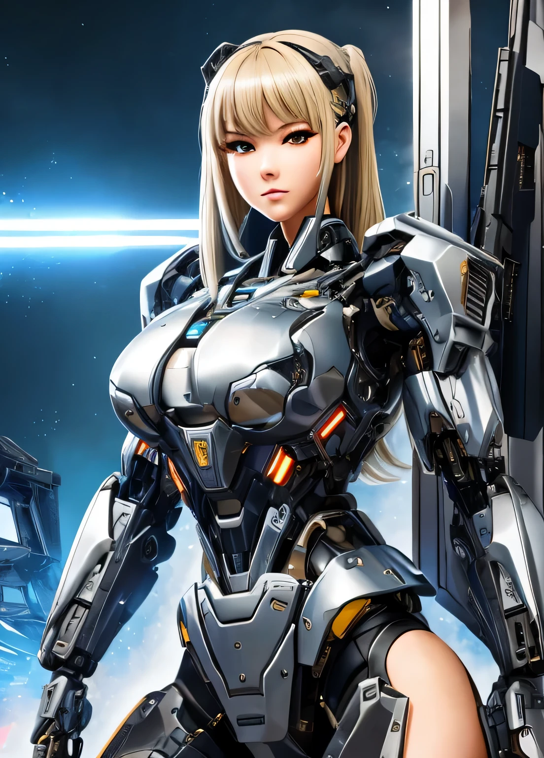 rough skin, Super detailed, advanced details, high quality, 最high quality, High resolution, 1080P, hard disk, beautiful,(cyborg),(Missiles from the chest),(Machine gun from both hands),beautifulcyborgの女性,メカcyborg少女,battle mode,Mecha body girl,彼女は武器を持ったバトルcyborgメカを身に着けています,full body shot、luscious lips, (smoky eye makeup:0.85), (big and full breasts:1.5),