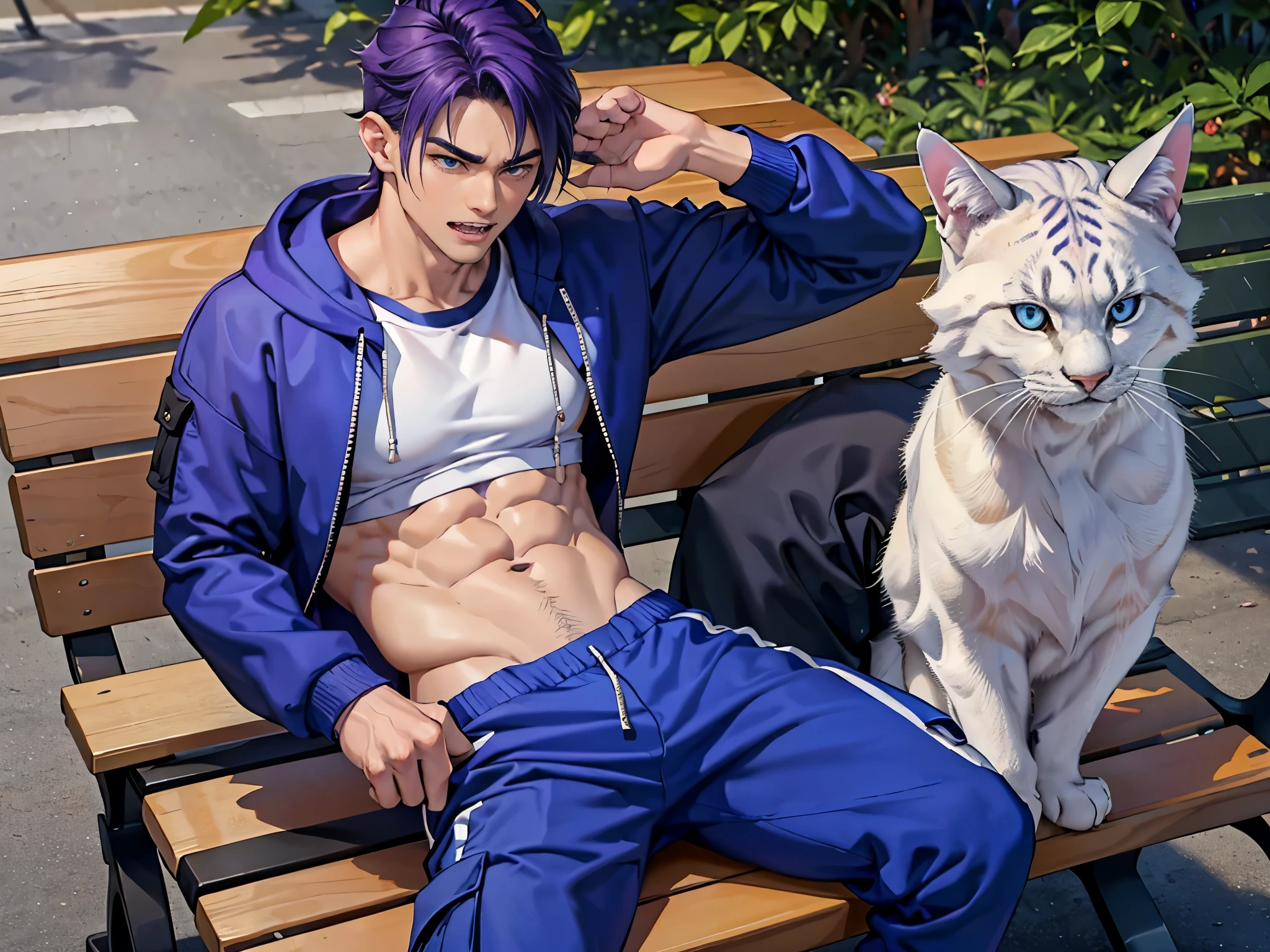 Man, Asian features, another universe, he has feline ears, sharp teeth, blue eyes, toned body, handsome, a bit feline , silky straight hair, his hair is a natural purple color (Sitting on a bench) Calculating, angry personality. Dominant, nervous , is wearing cargo pants and a sweatshirt.