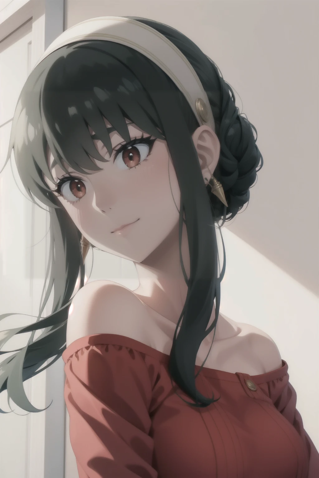 hight resolution、​masterpiece、1girl in、Bjorf、A dark-haired、short hair with long locks、white hairband、Look up、Kamimei、bending forward、smile、Bring your face closer、Red Eyes、Gold Earrings、Jewelry、off shoulders、Red Sweater、long-sleeve