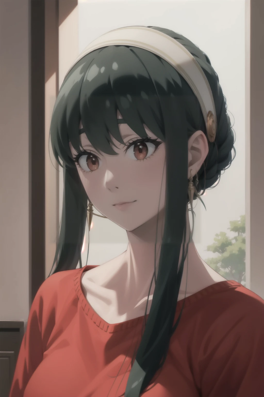 best quality, masterpiece, highres, solo, {yor_briar_spyxfamily:1.15}, black_hair, hairband, red_eyes, sidelocks, white_hairband, jewelry, earrings, bangs, long_hair