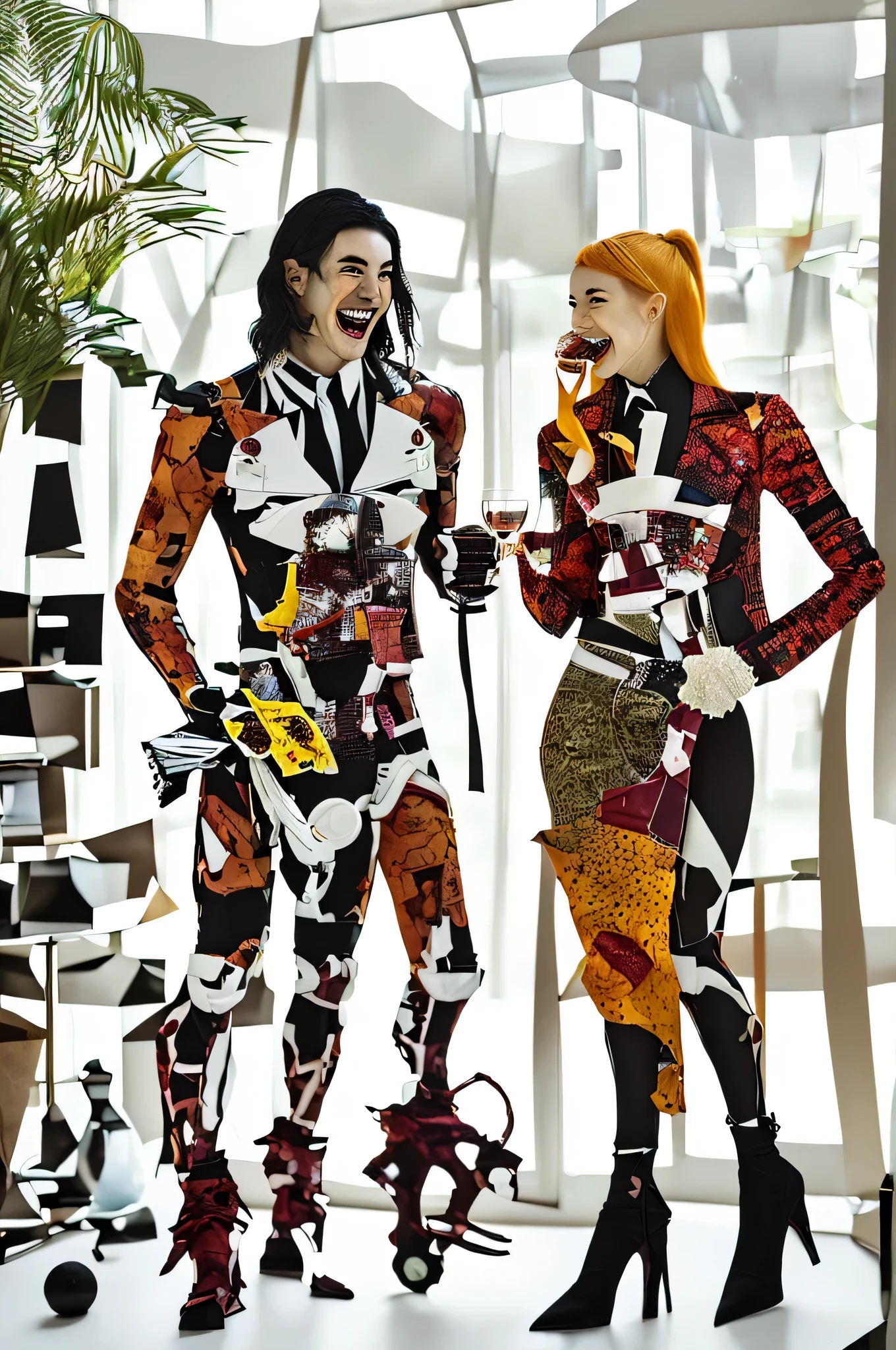 ultra-real hyper-insane stunning ultra-surreal laughing couple very well dressed happy in the crazy apartment, intricate pieces of cubist flesh drinking wine and emerging from within them other pieces with cubist facet bodies, bizarre and big old devices glued to the heads, bodies fused together, show entire full bodies, eating insane things, sunny beautiful background, super detailed, ultra-realistic, studio quality, 48k/HD, high contrast, hyper-realistic shadows, octane rendering, sharp focus