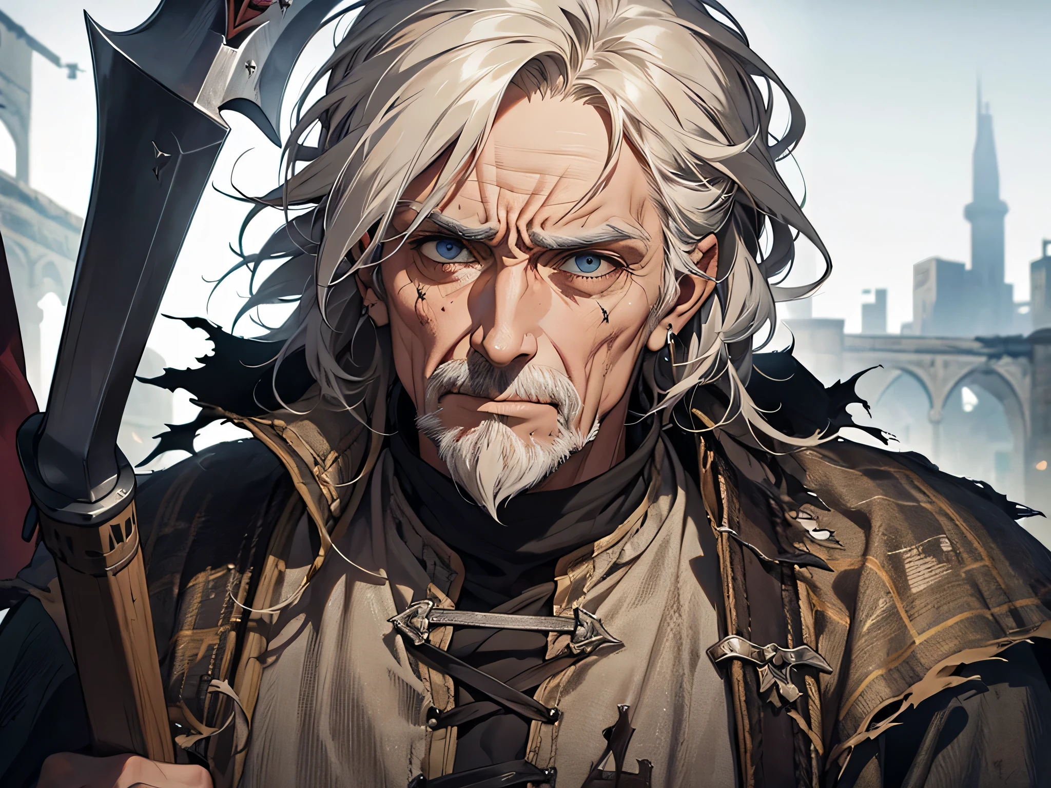old man, poor, medieval times, frustrated, torn clothes, ragged clothes, holding an axe, detailed face, detailed eyed, detailed nose