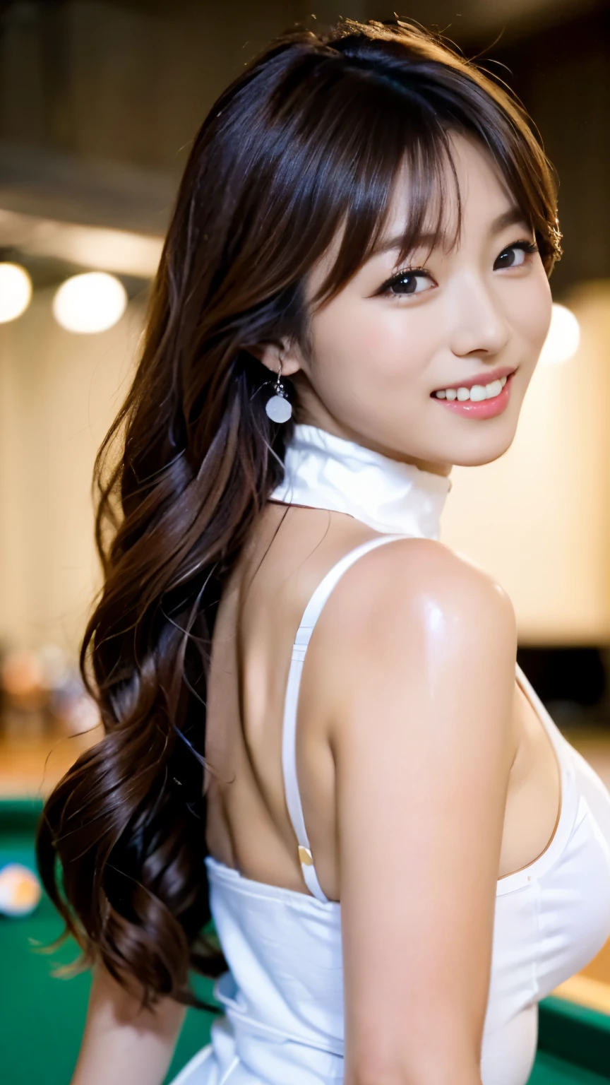 ((((perfect anatomy)))),(((A beautiful hustler in her 20s is smiling and posing with a cue in both hands next to a pool table illuminated by a single spotlight on a pitch-black stage.),At a crowded billiards tournament, she is standing next to the table wearing earrings, a sparkling green high-neck dress with a front zip, and pumps.,(((Ulsan-6500))),(((Beautiful background bokeh with deep depth of field created by Hasselblad))),A well-defined body with a cinched waist and upward hips,masterpiece,highest quality,ultra high resolution,High detailed full body portrait,tall nose and beautiful face,long limbs like a model,((Full body photo taken from behind)),cute 20 year old,Beautiful, lustrous chestnut-colored long hair is sexy,(Proud F cup breasts),long eyelashes and large eyes,,Clear double eyelids,((Glossy thick lips)),perfect anatomy,