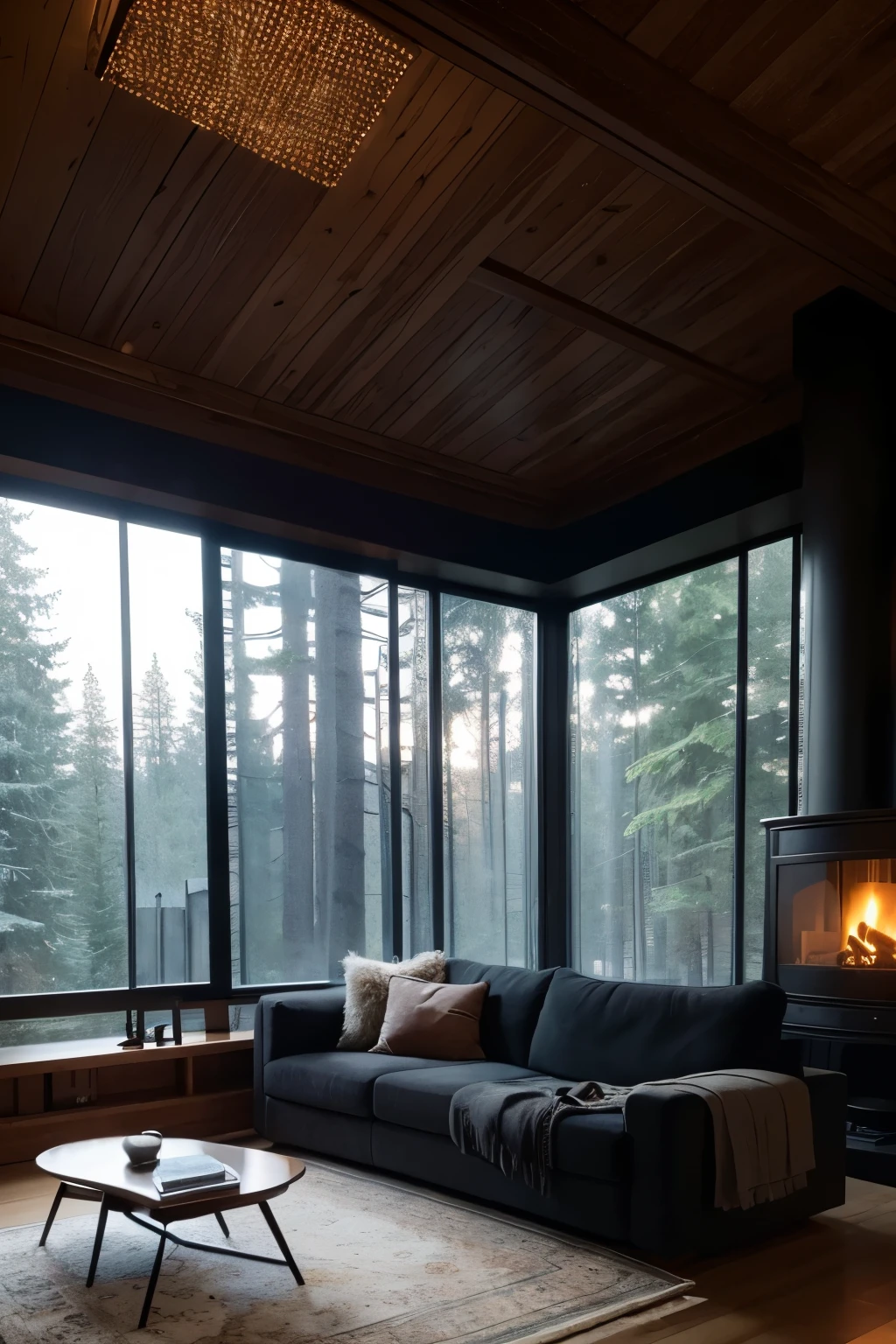 Alafit living room with large sofa and fireplace, Large windows with views of the forest at night, Dark and modern, Modern house in the woods, cozy place, Comfortable and atmospheric, Floor-to-ceiling windows, dark interior, comfortable environment, comfortable environment, Comfortable and peaceful atmosphere, mood lighting, cozy atmosphere, unreal engine realistic render, The tall windows lit up