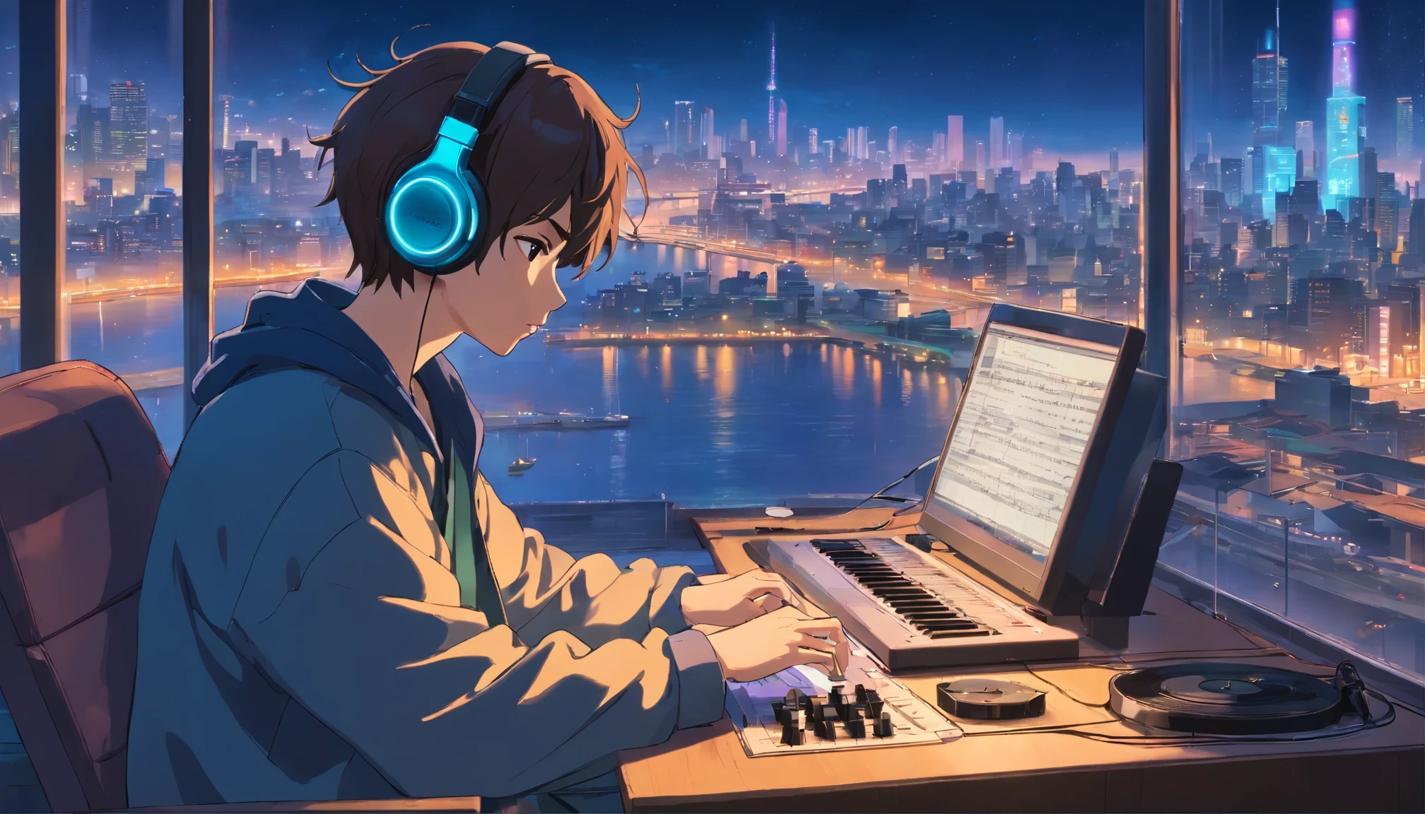 Photo of a man wearing headphones and listening to music, Text Why you, Super detailed, Vintage Wave, cyber punk, Sad atmosphere, bright light from the window, nightのシーン, 1 bedroom, 2D, (shot from a distance), wide shot, (noise from film), Old cartoons, (Many records: 1.3), vinyl record store, (masterpiece, very high quality, very high quality, official art, beautiful and aesthetic: 1.2), (very detailed, (fractal art: 1.4 ), guitar, (notebook: 1.4), (Lo-Fi Hip Hop), Side view, Old anime textures, alone, speakers, cyber punk, vinyl, night