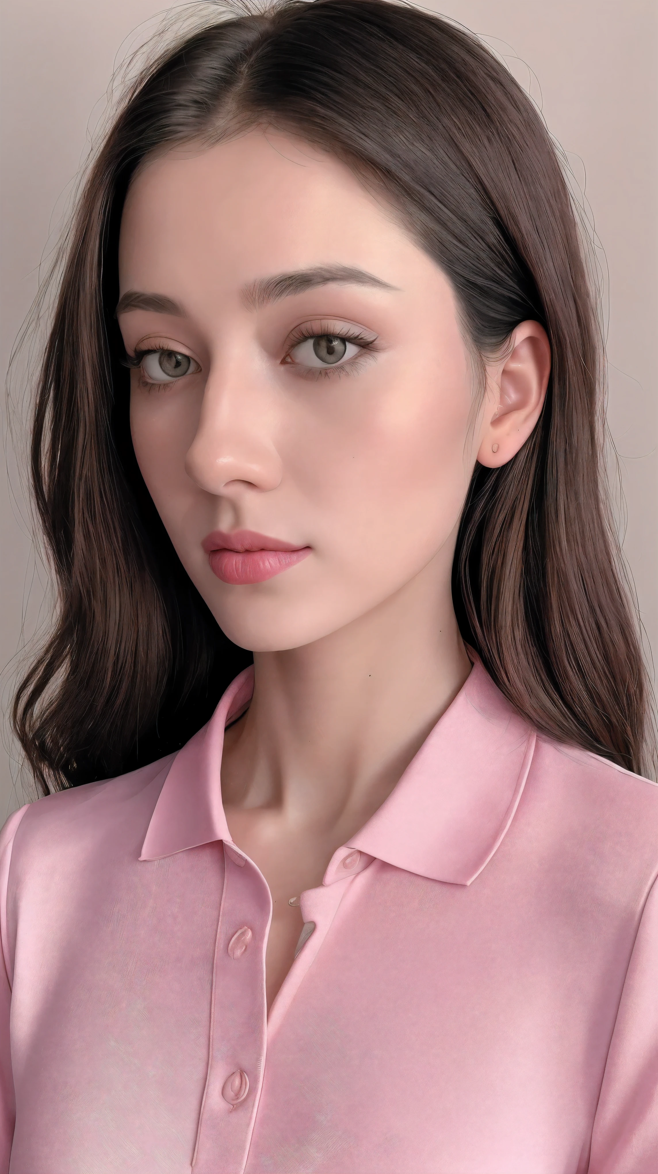 tiktok photo of 37 years old woman, closeup, RAW, masterpiece, realistic, hyper realistic, muted color, film grain, 
looking at viewer, polo's pastel perfection looking casual soft collars, fascinating, 
wearing pink silk dress,