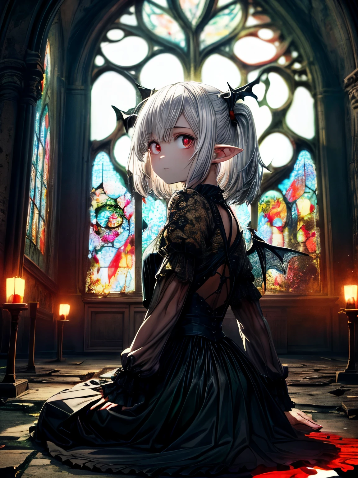 Very detailed wallpaper, Super detailed details, Detailed shadows, Very precise and detailed, Extremely detailed 8K wallpapers, Very beautiful 8KCG wallpaper,an old abandoned church. a boy sits down. His clothes were tattered,There are stains in many places. His short white hair is dull and messy. Light enters through the cracked stained glass windows.There are bat wings on the back.(best lighting, extremely delicate and beautiful),(best lighting, extremely delicate and beautiful), (Beautiful and delicate face), (Detailed eyes and detailed face:1.2), dark fantasy, alone, white hair, dynamic angle, vampire), (gaint vampire castle in background), (red moon, Red sky), Pointy_ear, Rain of blood, blood mist, (depth of field), high contrast, cowboy shooting, whole body,Normal skin color,Elf ears.