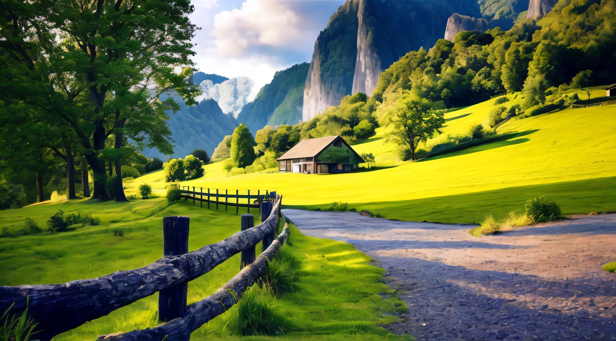 grassy field with a fence and a house in the distance, nature scenery, majestic nature scenery, very beautiful scenery, stunning nature in background, landscape scenery, very very beautiful scenery, nature wallpaper, scenery wallpaper, landscape - scenery, lovely valley, very very very beautiful scenery, natural landscape beauty, nature landscape, hd wallpaper, lush scenic landscape, amazing landscape