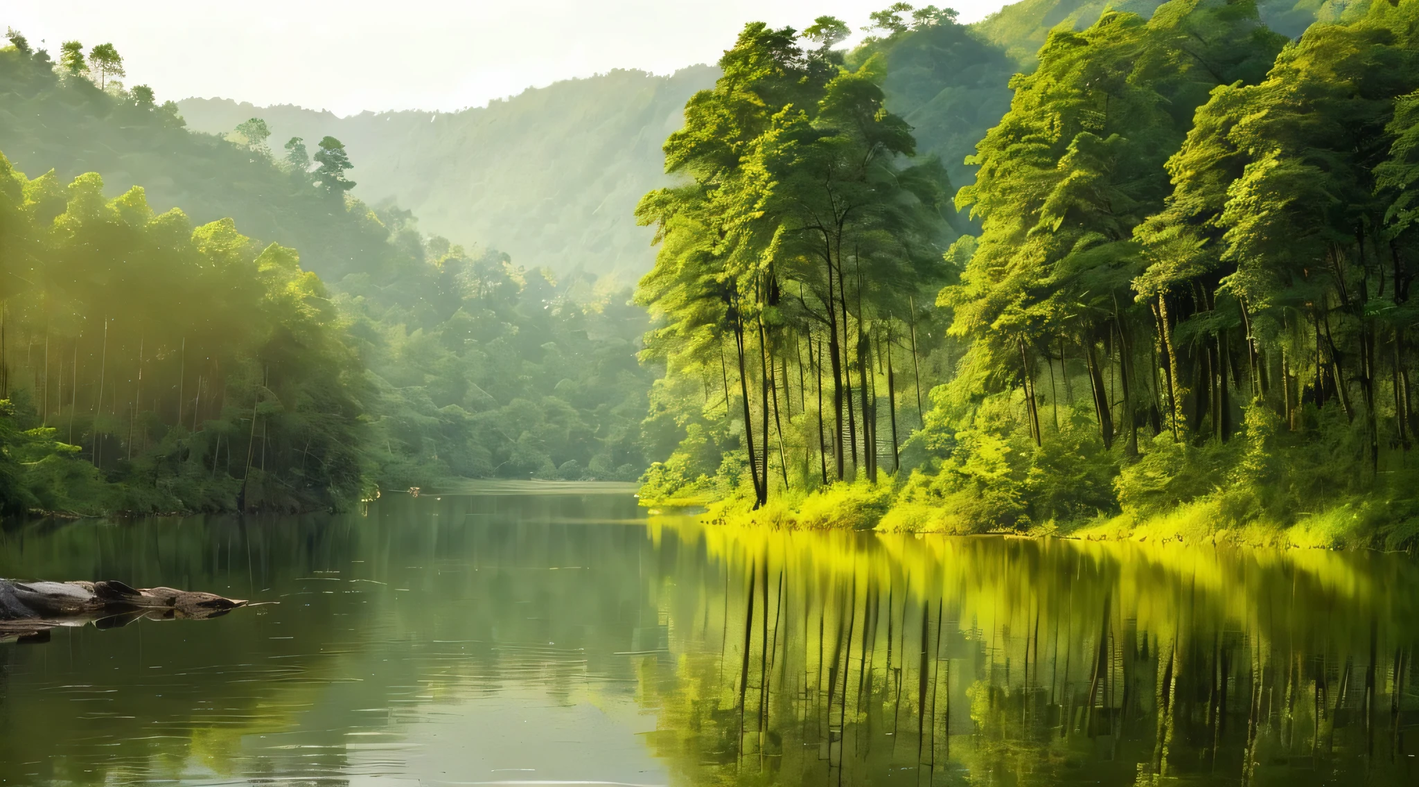 trees are reflected in the water of a lake surrounded by green grass, forest with lake, natural landscape beauty, beautiful lake background, jungles of vietnam beautiful, nature wallpaper, beautiful pine tree landscape, stunning nature in background, lake in the forest, beautiful forest scenery, beautiful forests and trees, hd wallpaper, really beautiful nature, forest and river, nature scenery