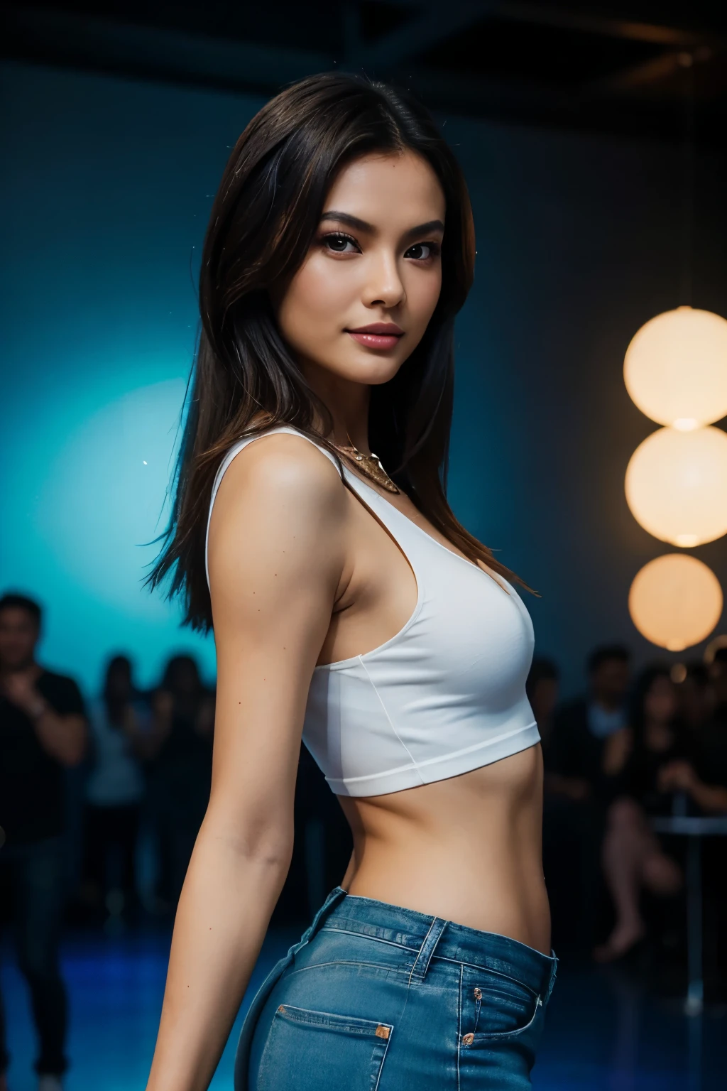 Best quality,tmasterpiece,1girll,red tinted hair,short detailed hair,eBlue eyes,shiny skins,sunflare,an award winning photograph, Wide-angle photo on the catwalk, stage lighting,Healthy body, closeup cleavage, with dynamism, Photorealistic, Realistic, Dramatic, Dark, Sharp focus, 8K,20yr old,fully body photo((top-quality,8K,tmasterpiece:1.3)),Sharp focus:1.2,Beautiful Women in Perfect Figure:1.4,The abdomen is slender:1.2,((Layered Hair Style,:1.2)),Large breasts 1.3,Small yellow floral miniskirt,(distance:1.2),Moist body:1.1,Very delicate face and skin texture,Detailed eyes,二重まぶた, suntanned skin,Raised sexy,marron marron,Real skin,Real eyebrows,Blue eyeballs,perfect proportion of body,facing away from the audience,Twist back,Exercise posture,looking at viewert,Gaze towards the viewer,Catwalk walk
