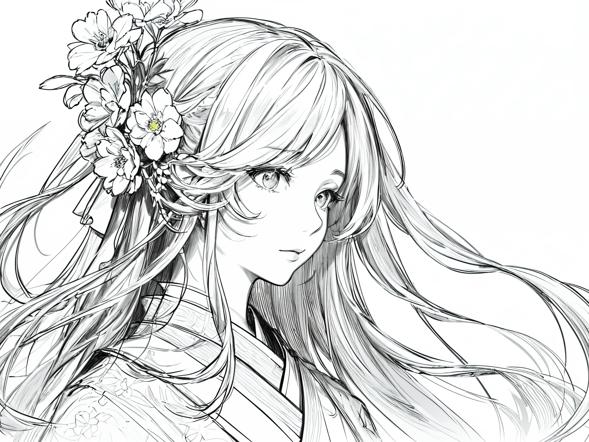 masterpiece, acura, 1girl, solo, hanfu, long hair, profile close-up, flower line drawing background, white background, monochrome, line drawing, ((sketch))