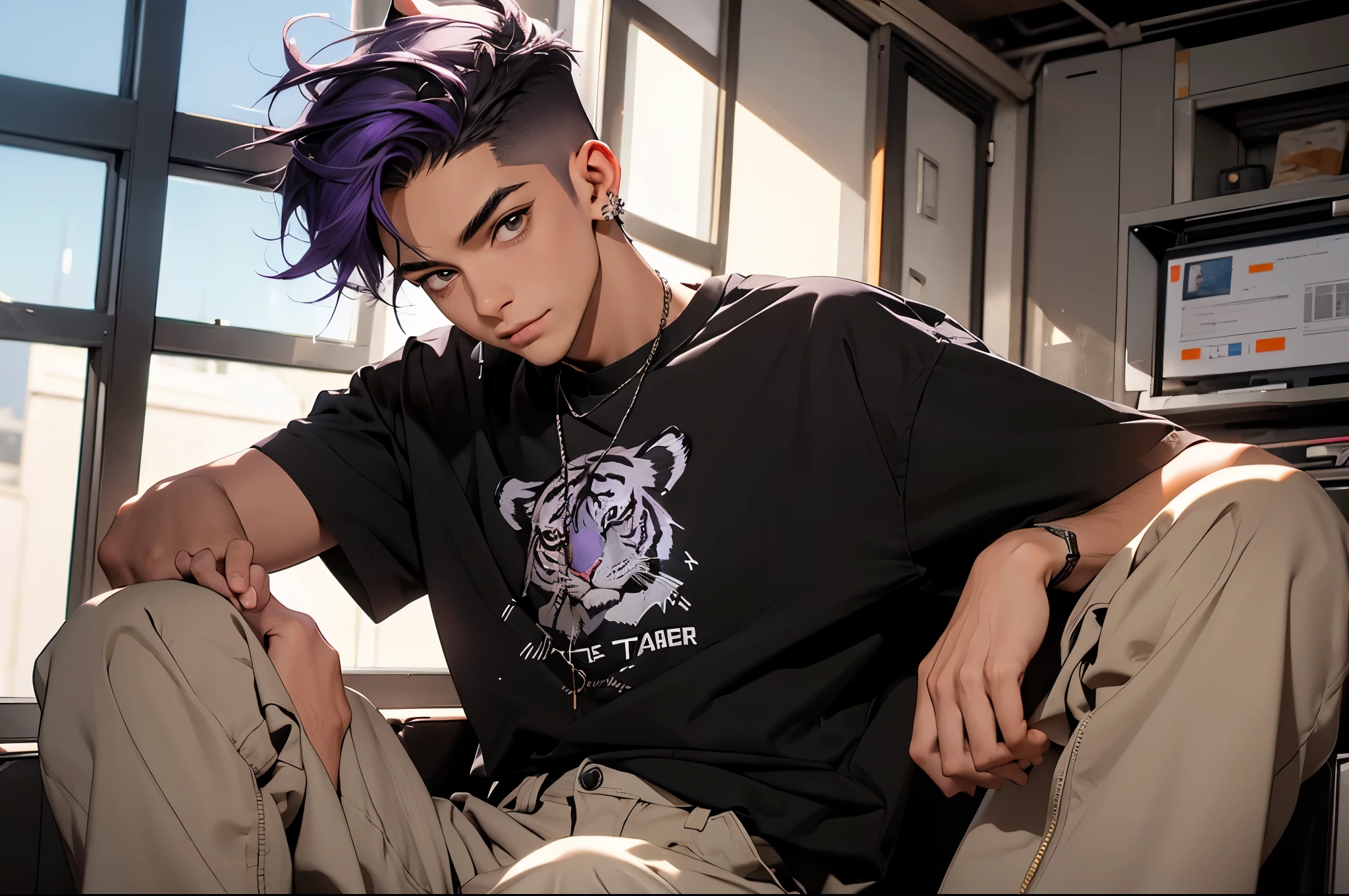 Homem de 22 anos , cabelo roxo , sorriso malicioso, dentes afiados, He has tiger ears because he's from another universe , (cabelo roxo) , pele branca, delicate strokes, desafiador (sentado no banco) (corpo inteiro) ele usa uma blusa moletom, cargo pants (sitting looking straight ahead with a defiant)