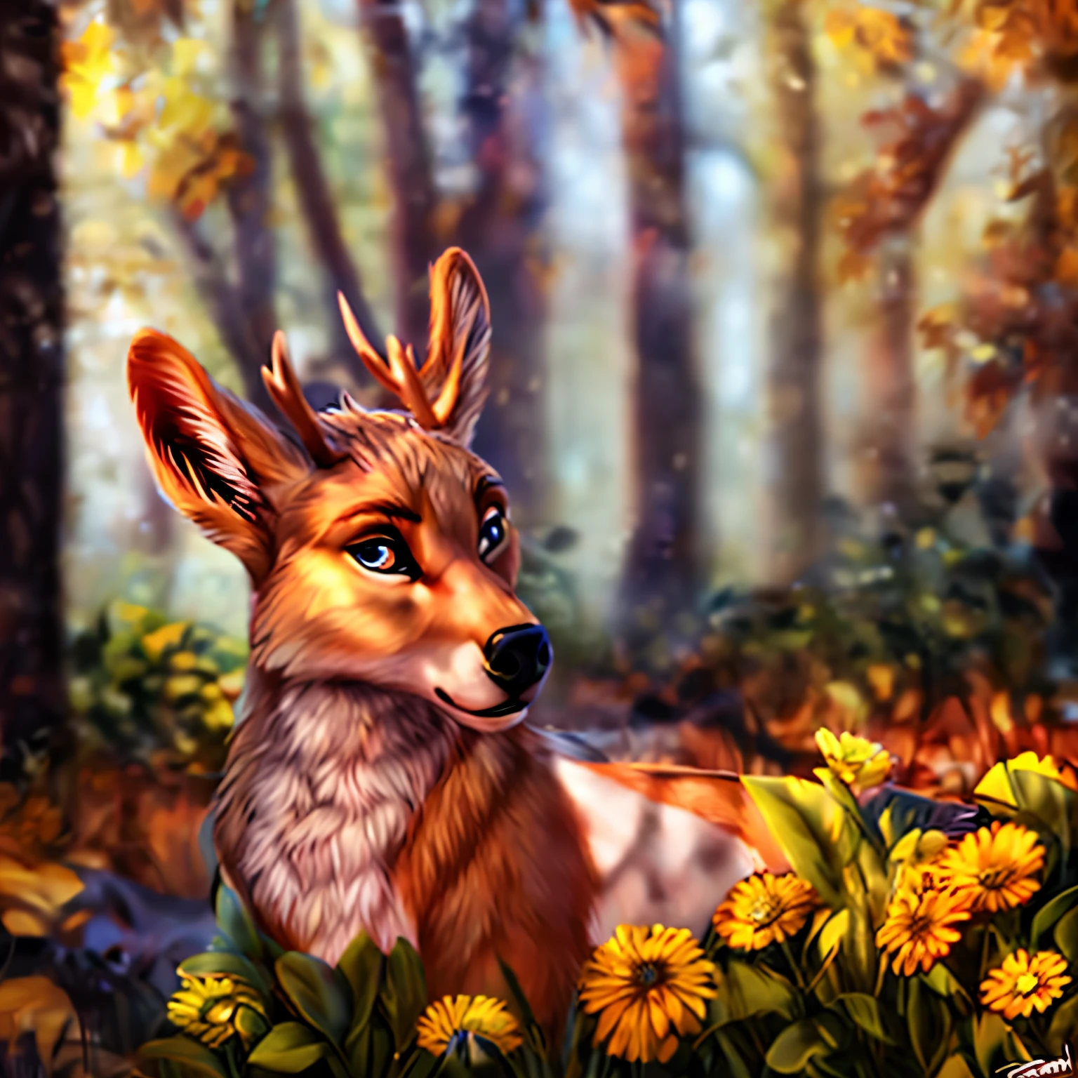 (best quality,4k,8k,highres,masterpiece:1.2),ultra-detailed,(realistic,photorealistic,photo-realistic:1.37),anthropomorphic deer,male,small,cute,fluffy,charming antlers,elegant pose,twinkling eyes,expressive face,friendly demeanor,surrounded by colorful flowers and butterflies,soft and fuzzy fur,playful personality,against a vibrant green forest backdrop,vivid colors,subtle sunlight streaming through the trees,creating a warm and inviting atmosphere