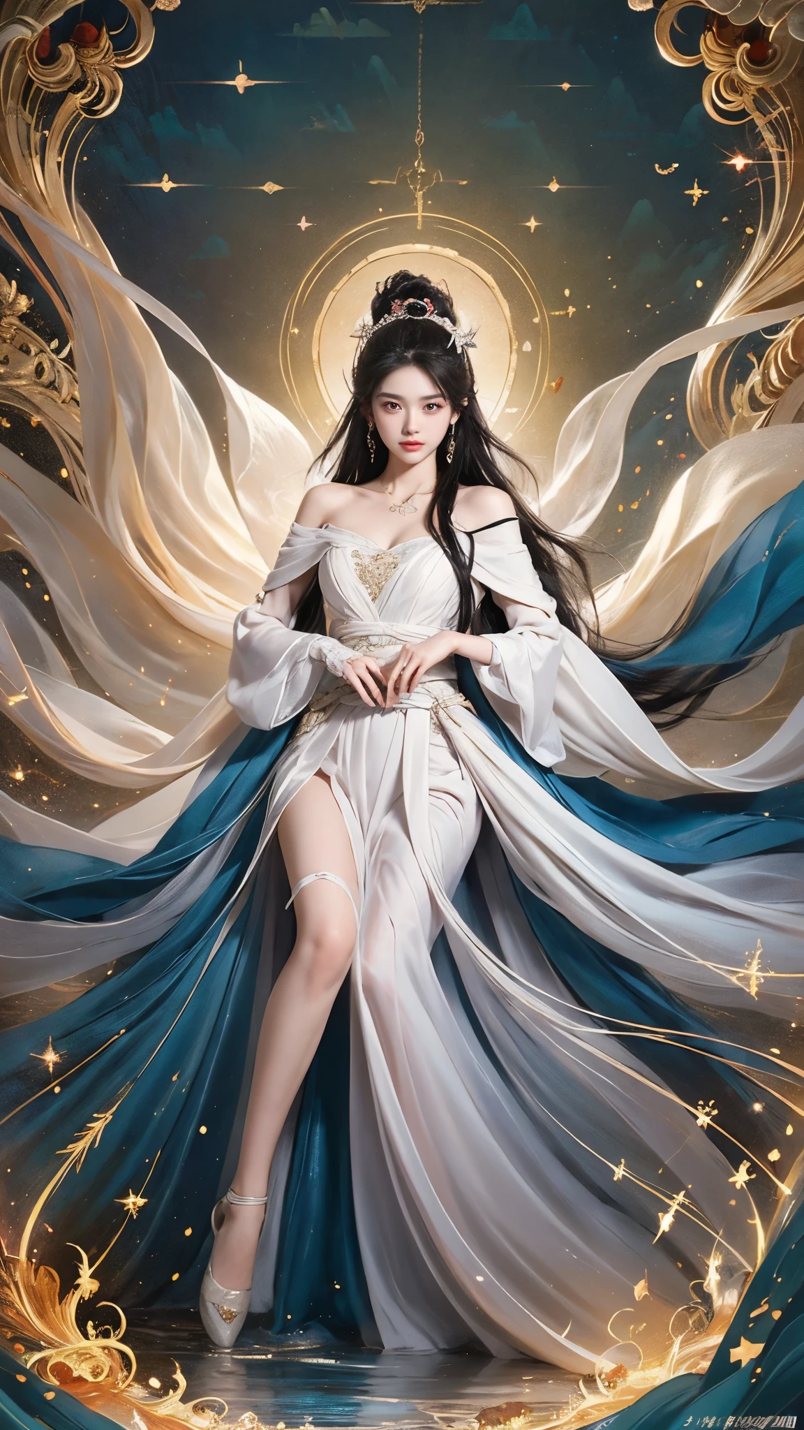 (masterpiece, best quality:1.2), 1girl, solo, ((off shoulder clothes)), In the depths of Wonderland，The moonlight falls like water，foggy room，The figure of the heroine is vaguely visible，Just like the fairy in the painting，Slender sexy legs，Very nice legs，Leaking sexy legs，Big breasts，美丽而又带着一丝mystery的色彩。Her face is beautiful and delicate，Like finely carved jade，Showing otherworldly beauty。The eyebrows are picturesque，The waves in my eyes are like twinkling stars，Show the light of perseverance and wisdom。The bridge of the nose is straight，Lip color like cherry，The slightly raised corners of the mouth reveal confidence and calmness。Her face is well defined，The skin is as fair as jade，Reveals a healthy glow，Just like a fairy, she never eats fireworks in the world。Her makeup is light and delicate，Not too much embellishment，But enough to show her temperament and charm。Light-colored foundation brings out the transparency of the skin，A light eyebrow pencil outlines her perfect eyebrow shape，Eye makeup is eye shadow and eyeliner，Make her eyes brighter and more energetic。嘴唇涂上grace的口红，Adds a bit of charm and sophistication。她的衣服grace别致，Clothes flutter，It seems like it will be blown up by the wind at any time，drifting into the distance。既不失grace，Also showed her extraordinary skills。Rocking with her movements。Her hair is tied back casually，Secure it with a hosta，A few strands of hair are fluttering gently in the wind，Adds a bit of softness。Her figure is looming in the fairyland，宛如一道Big breasts美丽的风景线，attracted everyone&#39;s attention。She seems to be a fairy in wonderland，Big breasts美丽、grace、mystery、and full of power。