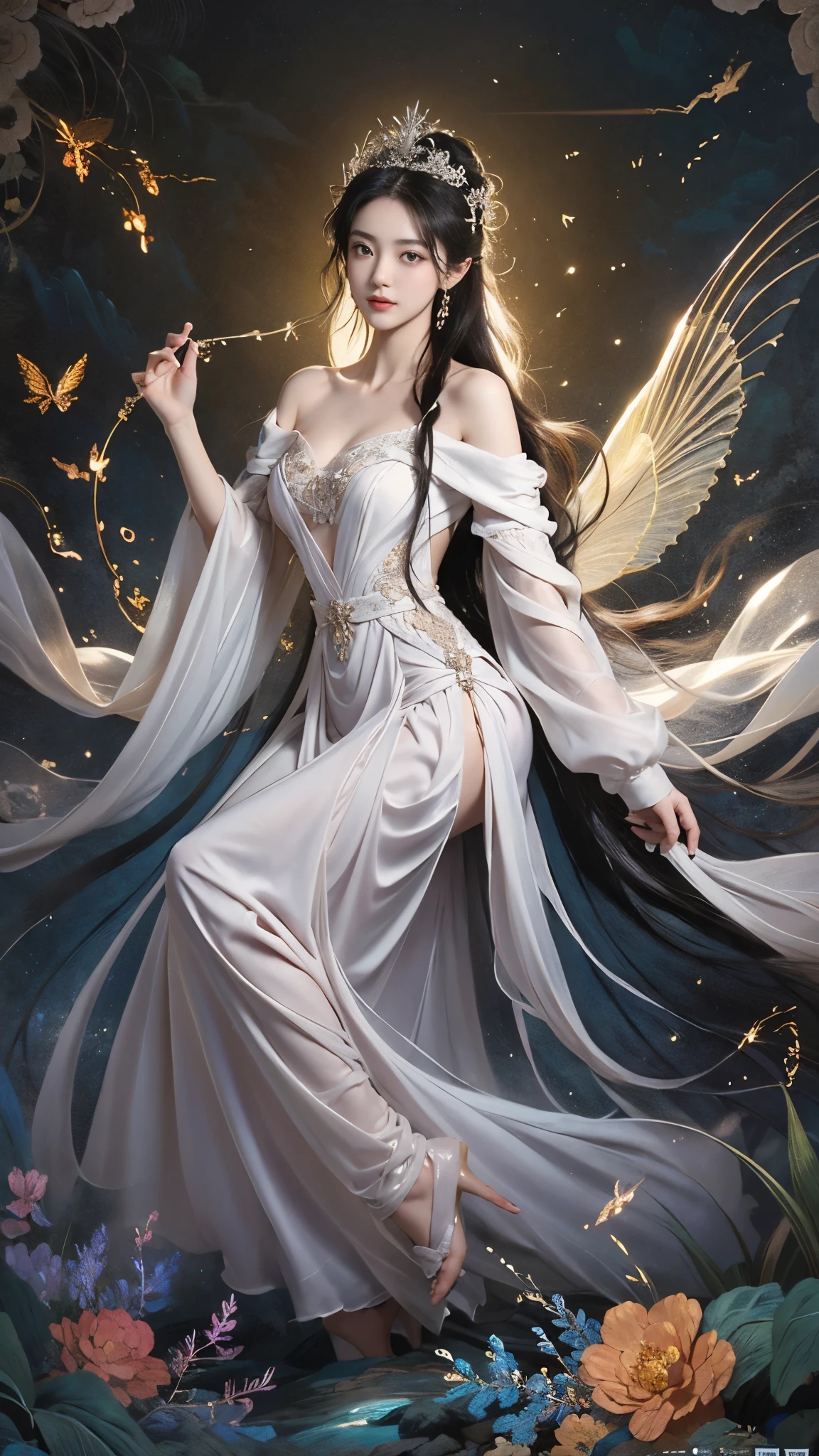 (masterpiece, best quality:1.2), 1girl, solo, ((off shoulder clothes)), In the depths of Wonderland,The moonlight falls like water,foggy room,The figure of the heroine is vaguely visible,Just like the fairy in the painting,Slender sexy legs,Very nice legs,Leaking sexy legs,Big breasts,美丽而又带着一丝mystery的色彩。Her face is beautiful and delicate,Like finely carved jade,Showing otherworldly beauty。The eyebrows are picturesque,The waves in my eyes are like twinkling stars,Show the light of perseverance and wisdom。The bridge of the nose is straight,Lip color like cherry,The slightly raised corners of the mouth reveal confidence and calmness。Her face is well defined,The skin is as fair as jade,Reveals a healthy glow,Just like a fairy, she never eats fireworks in the world。Her makeup is light and delicate,Not too much embellishment,But enough to show her temperament and charm。Light-colored foundation brings out the transparency of the skin,A light eyebrow pencil outlines her perfect eyebrow shape,Eye makeup is eye shadow and eyeliner,Make her eyes brighter and more energetic。嘴唇涂上grace的口红,Adds a bit of charm and sophistication。她的衣服grace别致,Clothes flutter,It seems like it will be blown up by the wind at any time,drifting into the distance。既不失grace,Also showed her extraordinary skills。Rocking with her movements。Her hair is tied back casually,Secure it with a hosta,A few strands of hair are fluttering gently in the wind,Adds a bit of softness。Her figure is looming in the fairyland,宛如一道Big breasts美丽的风景线,attracted everyone's attention。She seems to be a fairy in wonderland,Big breasts美丽、grace、mystery、and full of power。