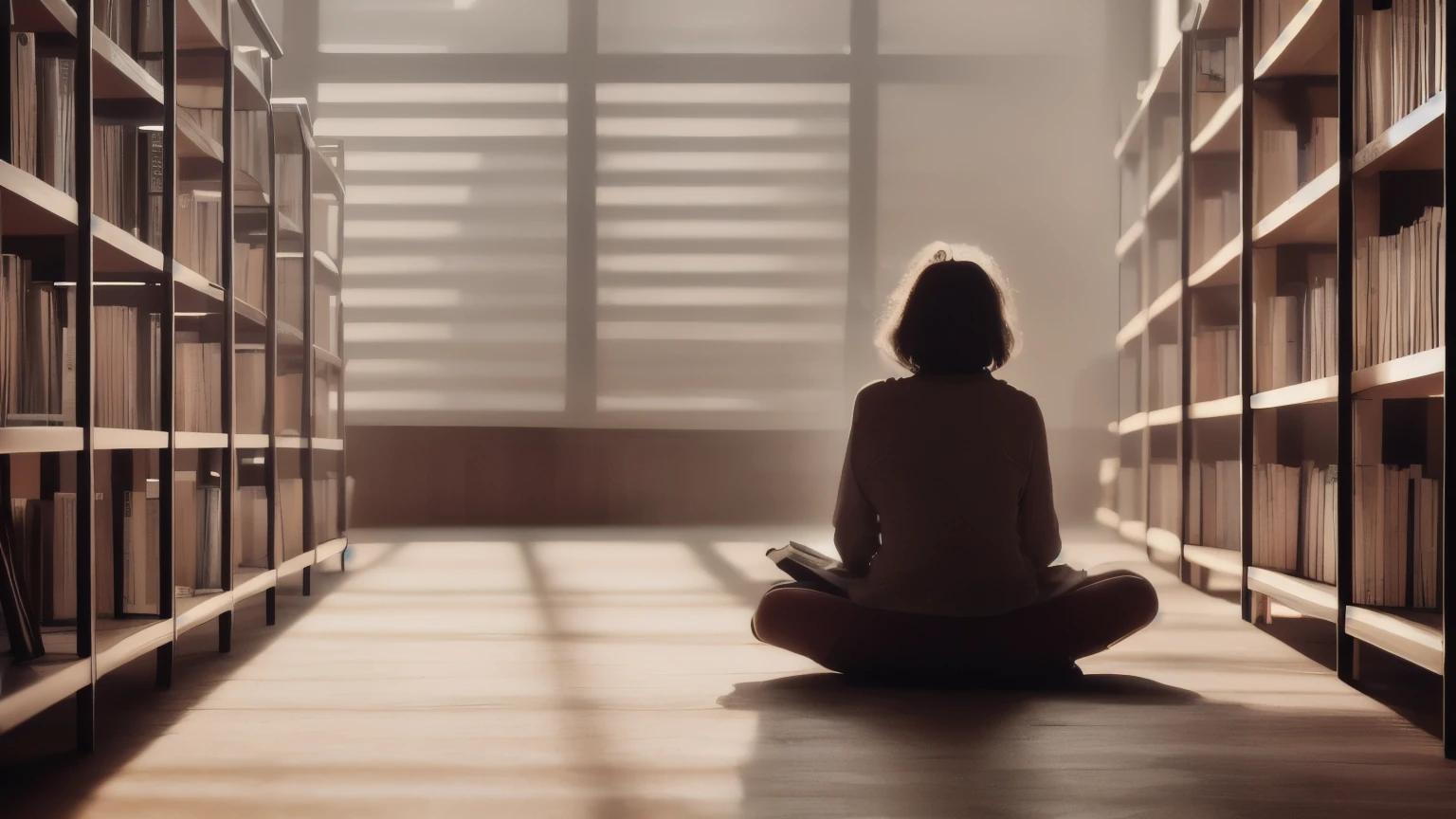 A figure sits in a dimly lit library, surrounded by towering bookshelves that dissolve into a shadowy blur. The only clear elements are the focused expression on their face and the book they hold, lost in the world within its pages.