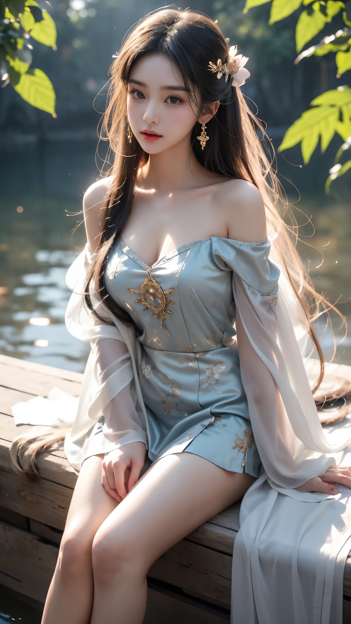 (masterpiece, best quality:1.2), 1girl, solo, ((off shoulder clothes)), In the depths of Wonderland，The moonlight falls like water，foggy room，The figure of the heroine is vaguely visible，Just like the fairy in the painting，Slender sexy legs，Very nice legs，Leaking sexy legs，Big breasts，美丽而又带着一丝mystery的色彩。Her face is beautiful and delicate，Like finely carved jade，Showing otherworldly beauty。The eyebrows are picturesque，The waves in my eyes are like twinkling stars，Show the light of perseverance and wisdom。The bridge of the nose is straight，Lip color like cherry，The slightly raised corners of the mouth reveal confidence and calmness。Her face is well defined，The skin is as fair as jade，Reveals a healthy glow，Just like a fairy, she never eats fireworks in the world。Her makeup is light and delicate，Not too much embellishment，But enough to show her temperament and charm。Light-colored foundation brings out the transparency of the skin，A light eyebrow pencil outlines her perfect eyebrow shape，Eye makeup is eye shadow and eyeliner，Make her eyes brighter and more energetic。嘴唇涂上grace的口红，Adds a bit of charm and sophistication。她的衣服grace别致，Clothes flutter，It seems like it will be blown up by the wind at any time，drifting into the distance。既不失grace，Also showed her extraordinary skills。Rocking with her movements。Her hair is tied back casually，Secure it with a hosta，A few strands of hair are fluttering gently in the wind，Adds a bit of softness。Her figure is looming in the fairyland，宛如一道Big breasts美丽的风景线，attracted everyone&#39;s attention。She seems to be a fairy in wonderland，Big breasts美丽、grace、mystery、and full of power。