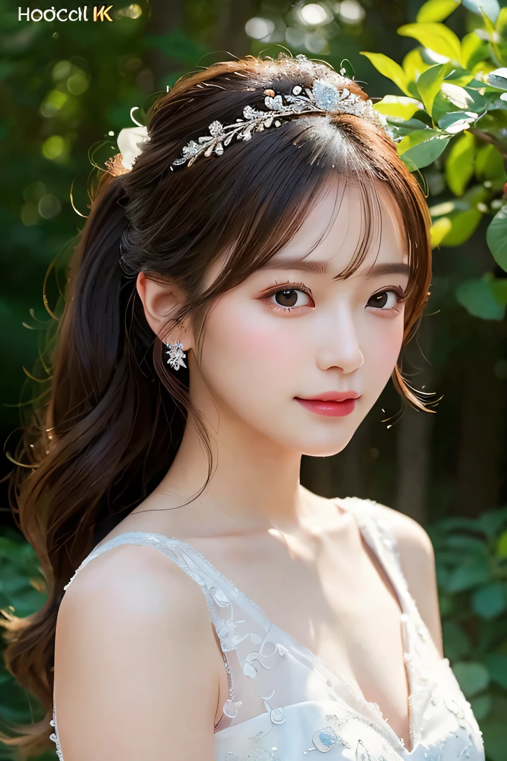 (This is a very delicate and beautiful work.)、(masterpiece)、Highly detailed wedding dress art neck、bridal tiara、bridal veil、ponytail、attractive look、Beautiful and clear eyelid background、big、Ultra-fine painting、delicate face、delicate figure、thin clavicle、beautiful lips、、(8K、Live shooting、highest quality、masterpiece:1.2), (realistic, photorealistic:1.37)、cute type、professional lighting, photon mapping, radio city,  ((Low angle full body shot))、[[[deep valley]]]、(The background is a forest:1.2)