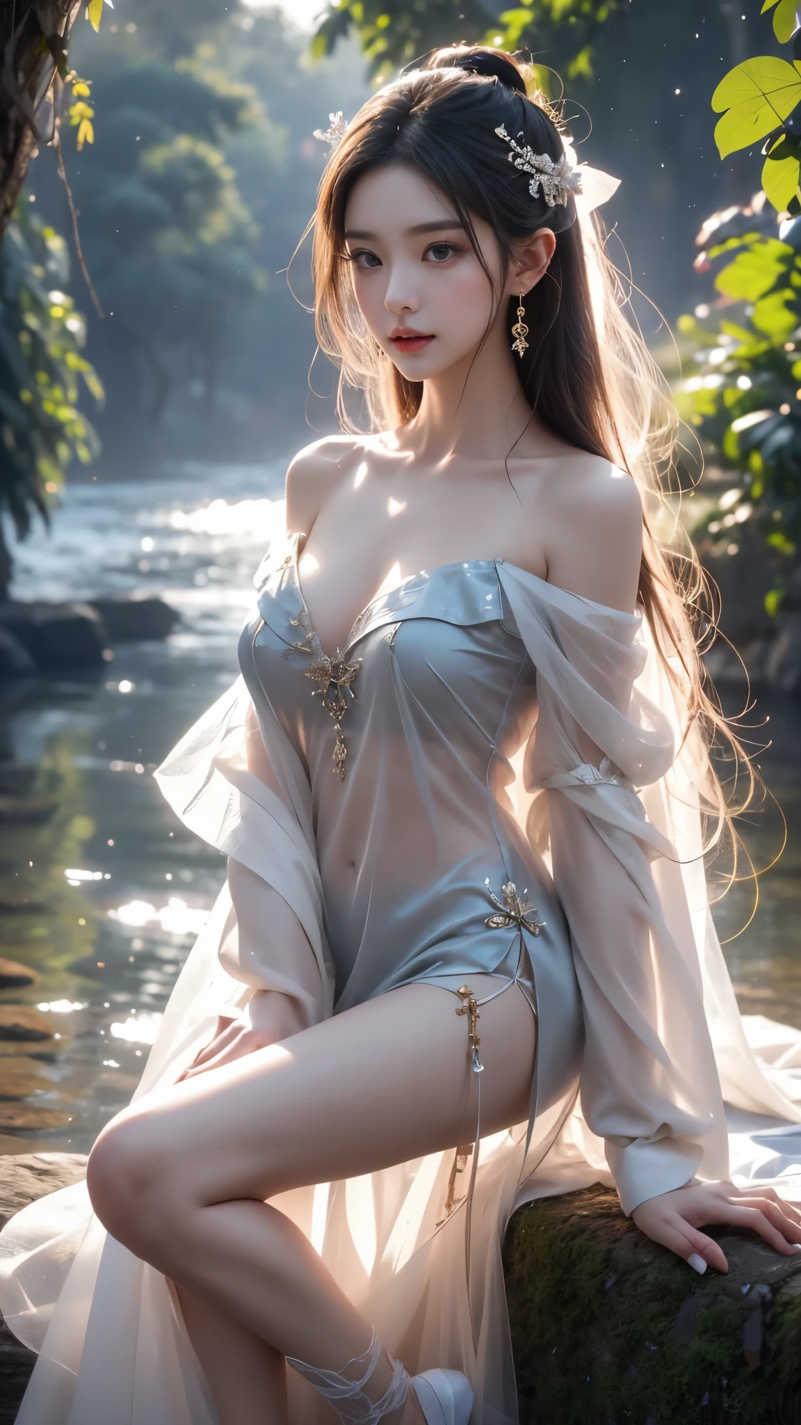 (masterpiece, best quality:1.2), 1girl, solo, ((off shoulder clothes)), In the depths of Wonderland,The moonlight falls like water,foggy room,The figure of the heroine is vaguely visible,Just like the fairy in the painting,Slender sexy legs,Very nice legs,Leaking sexy legs,Big breasts,美丽而又带着一丝mystery的色彩。Her face is beautiful and delicate,Like finely carved jade,Showing otherworldly beauty。The eyebrows are picturesque,The waves in my eyes are like twinkling stars,Show the light of perseverance and wisdom。The bridge of the nose is straight,Lip color like cherry,The slightly raised corners of the mouth reveal confidence and calmness。Her face is well defined,The skin is as fair as jade,Reveals a healthy glow,Just like a fairy, she never eats fireworks in the world。Her makeup is light and delicate,Not too much embellishment,But enough to show her temperament and charm。Light-colored foundation brings out the transparency of the skin,A light eyebrow pencil outlines her perfect eyebrow shape,Eye makeup is eye shadow and eyeliner,Make her eyes brighter and more energetic。嘴唇涂上grace的口红,Adds a bit of charm and sophistication。她的衣服grace别致,Clothes flutter,It seems like it will be blown up by the wind at any time,drifting into the distance。既不失grace,Also showed her extraordinary skills。Rocking with her movements。Her hair is tied back casually,Secure it with a hosta,A few strands of hair are fluttering gently in the wind,Adds a bit of softness。Her figure is looming in the fairyland,宛如一道Big breasts美丽的风景线,attracted everyone's attention。She seems to be a fairy in wonderland,Big breasts美丽、grace、mystery、and full of power。