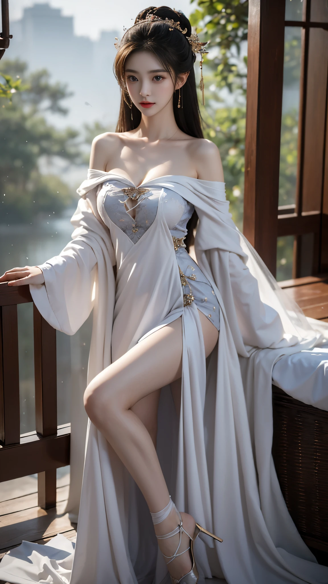 gufeng,bare shoulders,(masterpiece, best quality:1.2), 1girl, solo, ((off shoulder clothes)), In the depths of Wonderland,The moonlight falls like water,foggy room,The figure of the heroine is vaguely visible,Just like the fairy in the painting,Slender sexy legs,Very nice legs,Leaking sexy legs,Big breasts,美丽而又带着一丝mystery的色彩。Her face is beautiful and delicate,Like finely carved jade,Showing otherworldly beauty。The eyebrows are picturesque,The waves in my eyes are like twinkling stars,Show the light of perseverance and wisdom。The bridge of the nose is straight,Lip color like cherry,The slightly raised corners of the mouth reveal confidence and calmness。Her face is well defined,The skin is as fair as jade,Reveals a healthy glow,Just like a fairy, she never eats fireworks in the world。Her makeup is light and delicate,Not too much embellishment,But enough to show her temperament and charm。Light-colored foundation brings out the transparency of the skin,A light eyebrow pencil outlines her perfect eyebrow shape,Eye makeup is eye shadow and eyeliner,Make her eyes brighter and more energetic。嘴唇涂上grace的口红,Adds a bit of charm and sophistication。她的衣服grace别致,Clothes flutter,It seems like it will be blown up by the wind at any time,drifting into the distance。既不失grace,Also showed her extraordinary skills。Rocking with her movements。Her hair is tied back casually,Secure it with a hosta,A few strands of hair are fluttering gently in the wind,Adds a bit of softness。Her figure is looming in the fairyland,宛如一道Big breasts美丽的风景线,attracted everyone's attention。She seems to be a fairy in wonderland,Big breasts美丽、grace、mystery、and full of power。