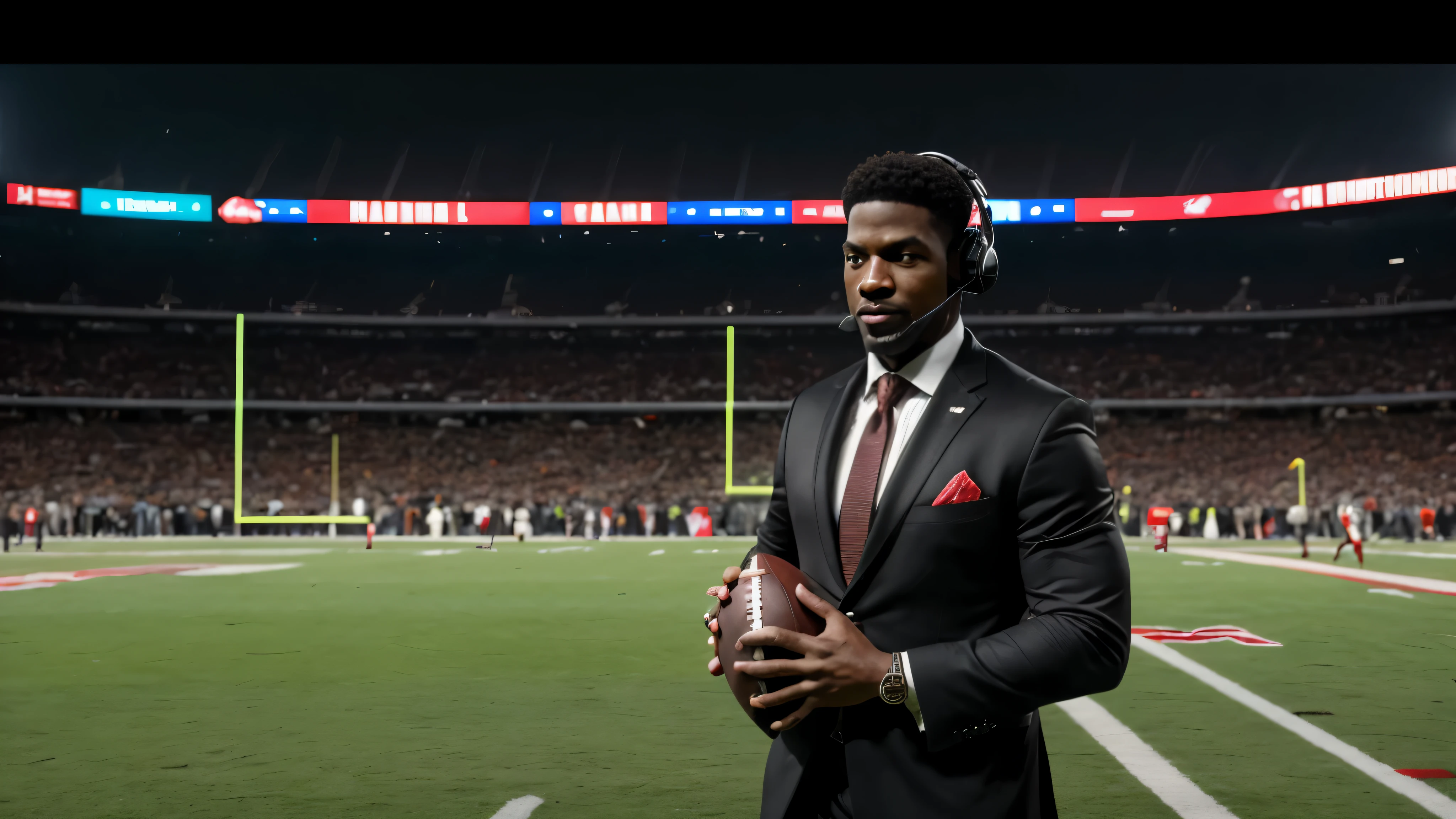 A photorealistic image of a Black NFL commentator dressed in a suit, facing the camera, reporting on a football game. He stands in beside the football field at the 50 yard line displaying the action in the background. The commentator's expression is one of excitement and focus, conveying their passion for the game and their expertise as an analyst. Epic resolution, Epic Quality, Epic sharpness, Fantastic color and contrast, Precise saturation, IMAX HDR, cinematic lighting
