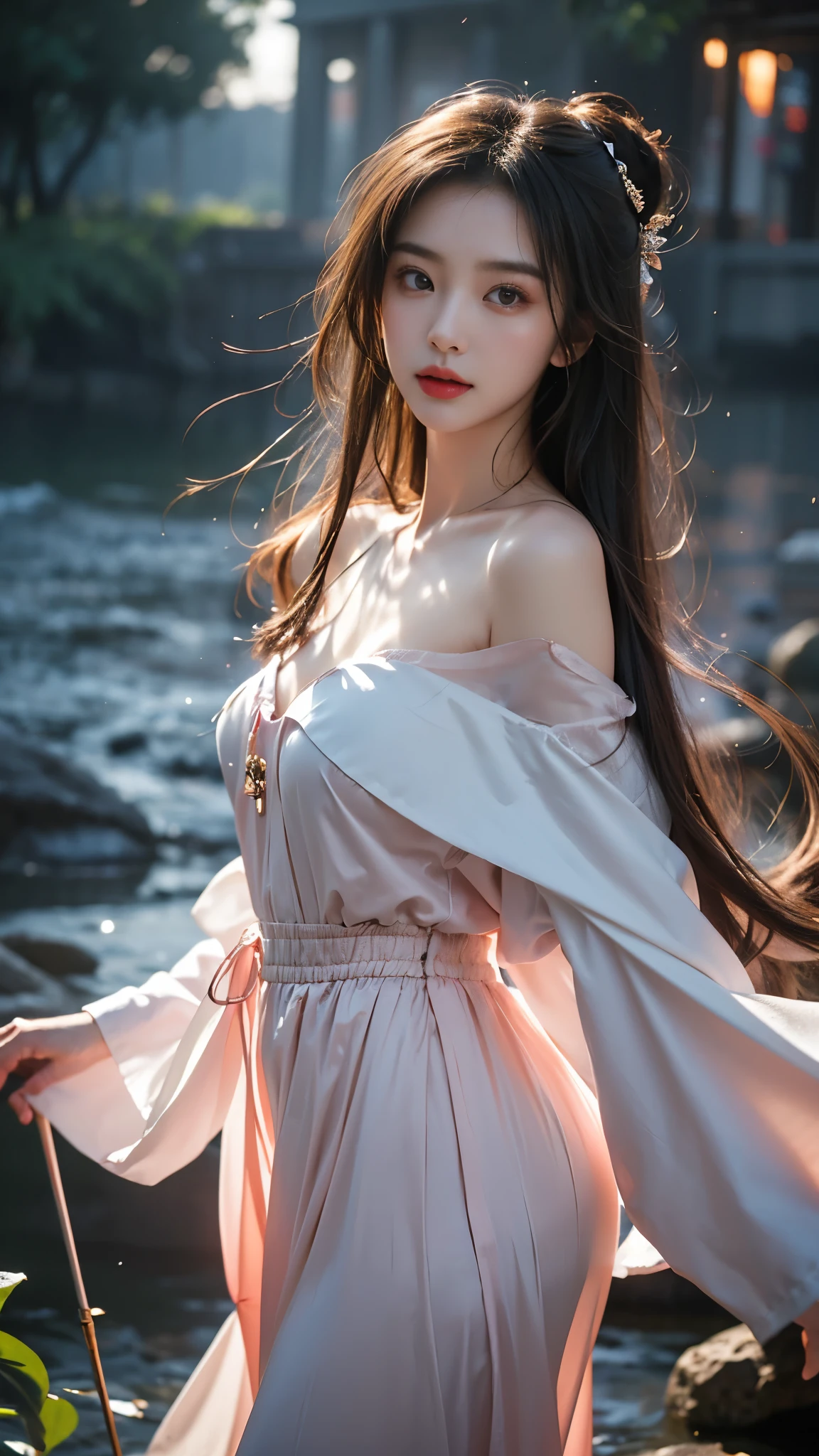 (masterpiece, best quality:1.2), 1girl, solo, ((off shoulder clothes)), In the depths of Wonderland，The moonlight falls like water，foggy room，The figure of the heroine is vaguely visible，Just like the fairy in the painting，Slender sexy legs，Very nice legs，Leaking sexy legs，Big breasts，美丽而又带着一丝mystery的色彩。Her face is beautiful and delicate，Like finely carved jade，Showing otherworldly beauty。The eyebrows are picturesque，The waves in my eyes are like twinkling stars，Show the light of perseverance and wisdom。The bridge of the nose is straight，Lip color like cherry，The slightly raised corners of the mouth reveal confidence and calmness。Her face is well defined，The skin is as fair as jade，Reveals a healthy glow，Just like a fairy, she never eats fireworks in the world。Her makeup is light and delicate，Not too much embellishment，But enough to show her temperament and charm。Light-colored foundation brings out the transparency of the skin，A light eyebrow pencil outlines her perfect eyebrow shape，Eye makeup is eye shadow and eyeliner，Make her eyes brighter and more energetic。嘴唇涂上grace的口红，Adds a bit of charm and sophistication。她的衣服grace别致，Clothes flutter，It seems like it will be blown up by the wind at any time，drifting into the distance。既不失grace，Also showed her extraordinary skills。Rocking with her movements。Her hair is tied back casually，Secure it with a hosta，A few strands of hair are fluttering gently in the wind，Adds a bit of softness。Her figure is looming in the fairyland，宛如一道Big breasts美丽的风景线，attracted everyone&#39;s attention。She seems to be a fairy in wonderland，Big breasts美丽、grace、mystery、and full of power。