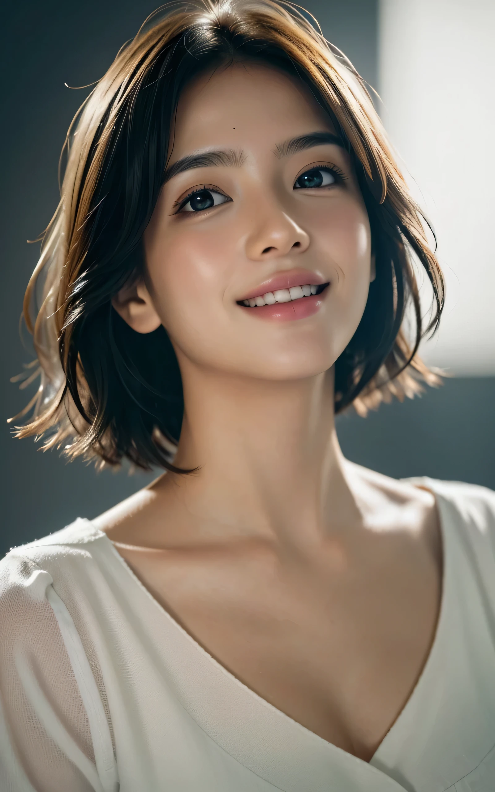 photo-realistic, surreal, cinematic lighting, 32K, 1 girl, look up, Backlight, (bright light:1.2), (Improvement of quality:1.4), (Highest quality realistic textured skin:1.4), detailed eyes, detailed face, shy smile, close up of face, short hair, blouse, (Enhances the beauty of skin texture:1.1), matte texture