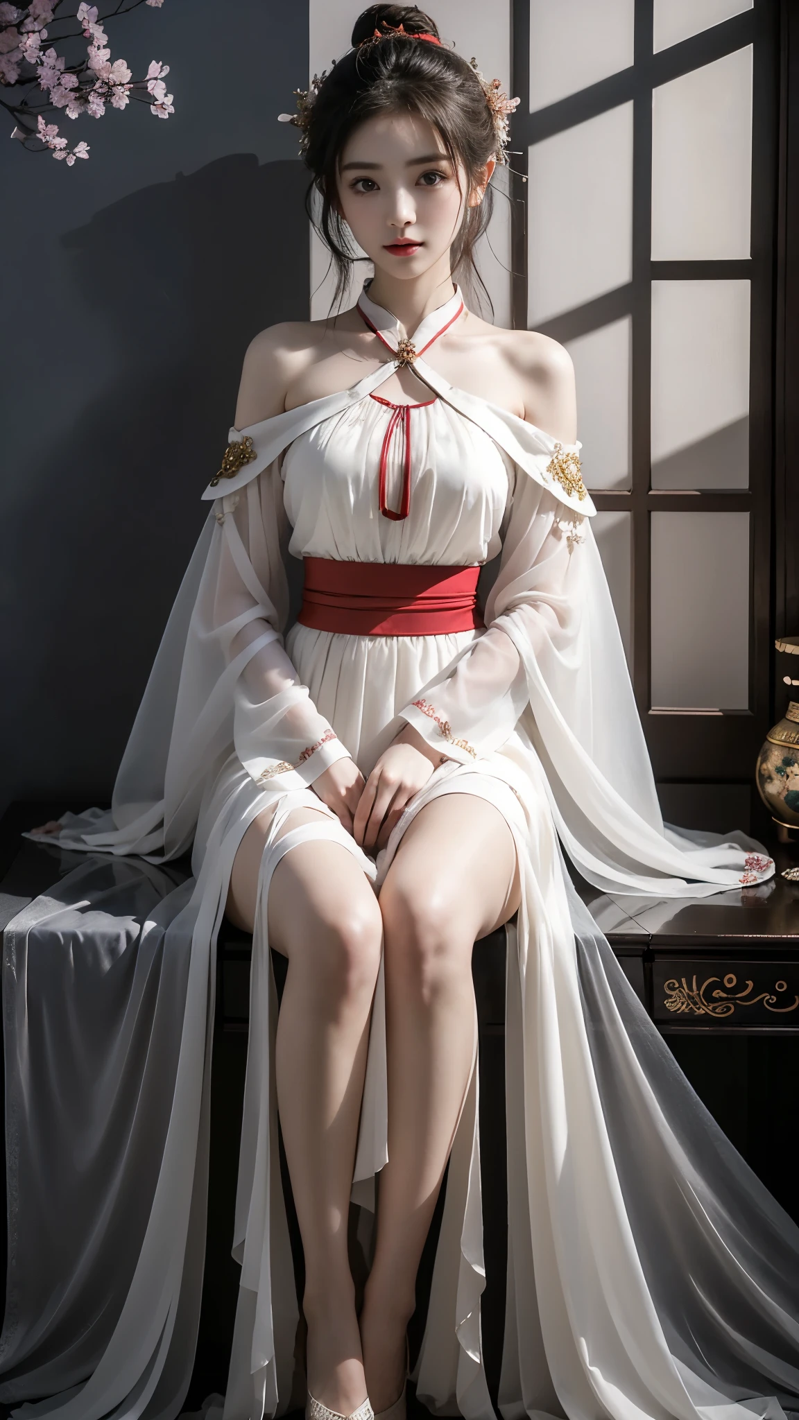 hanfu, (masterpiece, best quality:1.2), 1girl, solo, ((off shoulder clothes)), In the depths of Wonderland，The moonlight falls like water，foggy room，The figure of the heroine is vaguely visible，Just like the fairy in the painting，Slender sexy legs，Very nice legs，Leaking sexy legs，Big breasts，美丽而又带着一丝mystery的色彩。Her face is beautiful and delicate，Like finely carved jade，Showing otherworldly beauty。The eyebrows are picturesque，The waves in my eyes are like twinkling stars，Show the light of perseverance and wisdom。The bridge of the nose is straight，Lip color like cherry，The slightly raised corners of the mouth reveal confidence and calmness。Her face is well defined，The skin is as fair as jade，Reveals a healthy glow，Just like a fairy, she never eats fireworks in the world。Her makeup is light and delicate，Not too much embellishment，But enough to show her temperament and charm。Light-colored foundation brings out the transparency of the skin，A light eyebrow pencil outlines her perfect eyebrow shape，Eye makeup is eye shadow and eyeliner，Make her eyes brighter and more energetic。嘴唇涂上grace的口红，Adds a bit of charm and sophistication。她的衣服grace别致，Clothes flutter，It seems like it will be blown up by the wind at any time，drifting into the distance。既不失grace，Also showed her extraordinary skills。Rocking with her movements。Her hair is tied back casually，Secure it with a hosta，A few strands of hair are fluttering gently in the wind，Adds a bit of softness。Her figure is looming in the fairyland，宛如一道Big breasts美丽的风景线，attracted everyone&#39;s attention。She seems to be a fairy in wonderland，Big breasts美丽、grace、mystery、and full of power。