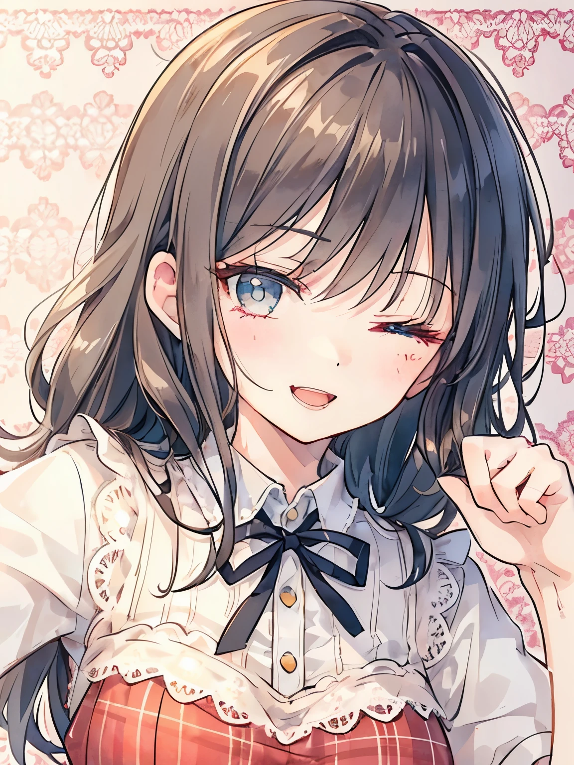 girl,Light orange,Long curled hair,((eyes closed:1.4)),((slouch:1.5)),((close up of face:1.3)),pastel colored background,Cute atmosphere,Plaid,((Cute pose with fist next to cheek:1.3)),((open mouth smile)),((A slightly sexy fluffy dress with lots of lace:1.35)),((ruffle pattern background:1.5))