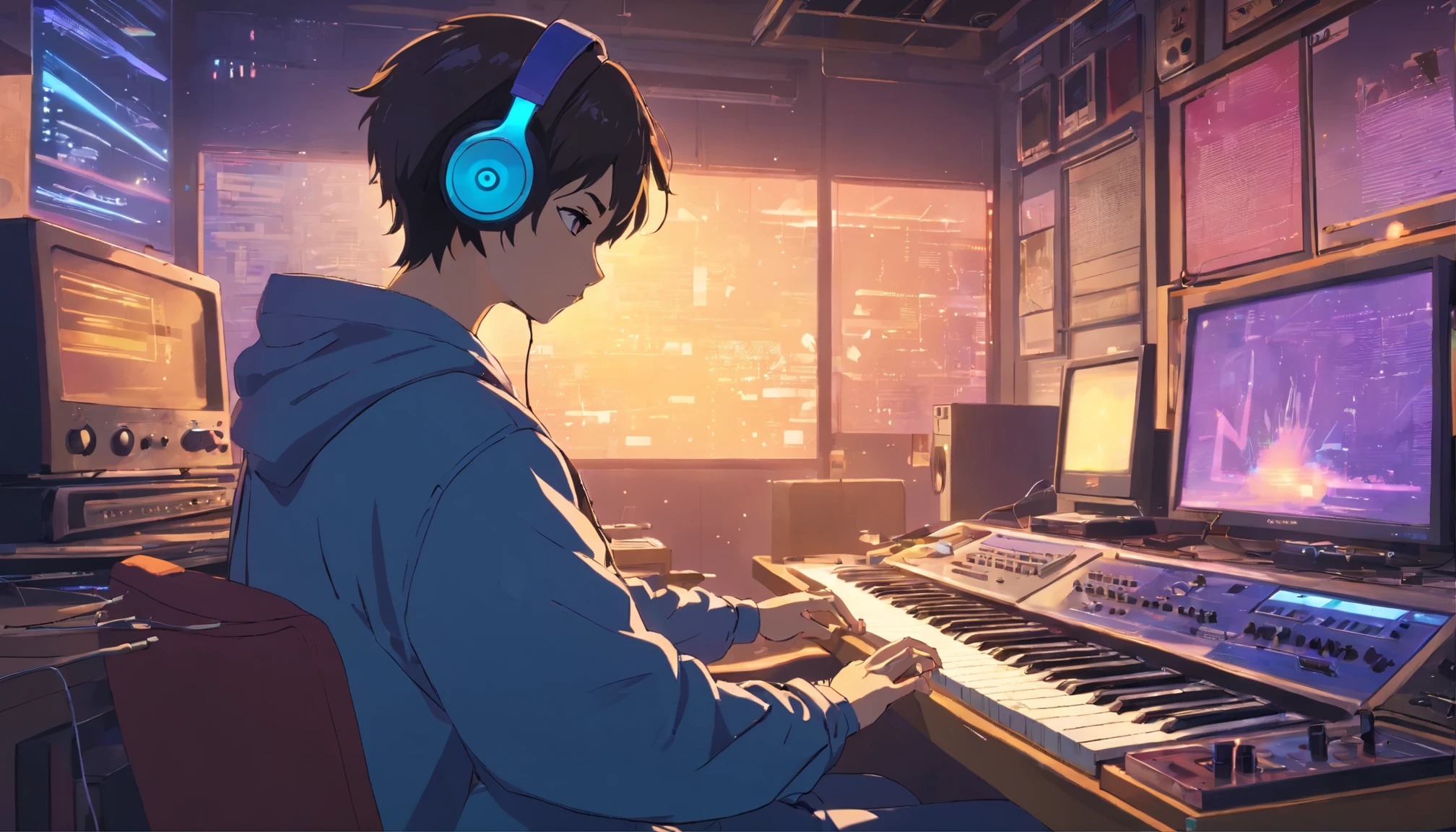 Photo of a man wearing headphones and listening to music, Text Why you, Super detailed, Vintage Wave, cyber punk, Sad atmosphere, bright light from the window, nightのシーン, 1 bedroom, 2D, (shot from a distance), wide shot, (noise from film), Old cartoons, (Many records: 1.3), vinyl record store, (masterpiece, very high quality, very high quality, official art, beautiful and aesthetic: 1.2), (very detailed, (fractal art: 1.4 ), guitar, (notebook: 1.4), (Lo-Fi Hip Hop), Side view, Old anime textures, alone, speakers, cyber punk, vinyl, night