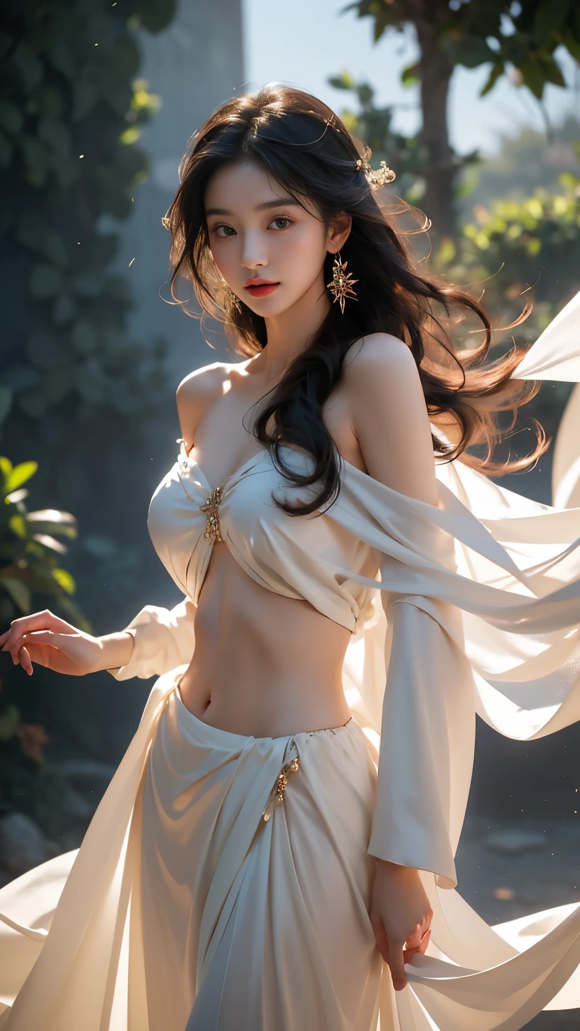 exotic_dance, (masterpiece, best quality:1.2), 1girl, solo, ((off shoulder clothes)), In the depths of Wonderland,The moonlight falls like water,foggy room,The figure of the heroine is vaguely visible,Just like the fairy in the painting,Slender sexy legs,Very nice legs,Leaking sexy legs,Big breasts,美丽而又带着一丝mystery的色彩。Her face is beautiful and delicate,Like finely carved jade,Showing otherworldly beauty。The eyebrows are picturesque,The waves in my eyes are like twinkling stars,Show the light of perseverance and wisdom。The bridge of the nose is straight,Lip color like cherry,The slightly raised corners of the mouth reveal confidence and calmness。Her face is well defined,The skin is as fair as jade,Reveals a healthy glow,Just like a fairy, she never eats fireworks in the world。Her makeup is light and delicate,Not too much embellishment,But enough to show her temperament and charm。Light-colored foundation brings out the transparency of the skin,A light eyebrow pencil outlines her perfect eyebrow shape,Eye makeup is eye shadow and eyeliner,Make her eyes brighter and more energetic。嘴唇涂上grace的口红,Adds a bit of charm and sophistication。她的衣服grace别致,Clothes flutter,It seems like it will be blown up by the wind at any time,drifting into the distance。既不失grace,Also showed her extraordinary skills。Rocking with her movements。Her hair is tied back casually,Secure it with a hosta,A few strands of hair are fluttering gently in the wind,Adds a bit of softness。Her figure is looming in the fairyland,宛如一道Big breasts美丽的风景线,attracted everyone's attention。She seems to be a fairy in wonderland,Big breasts美丽、grace、mystery、and full of power。