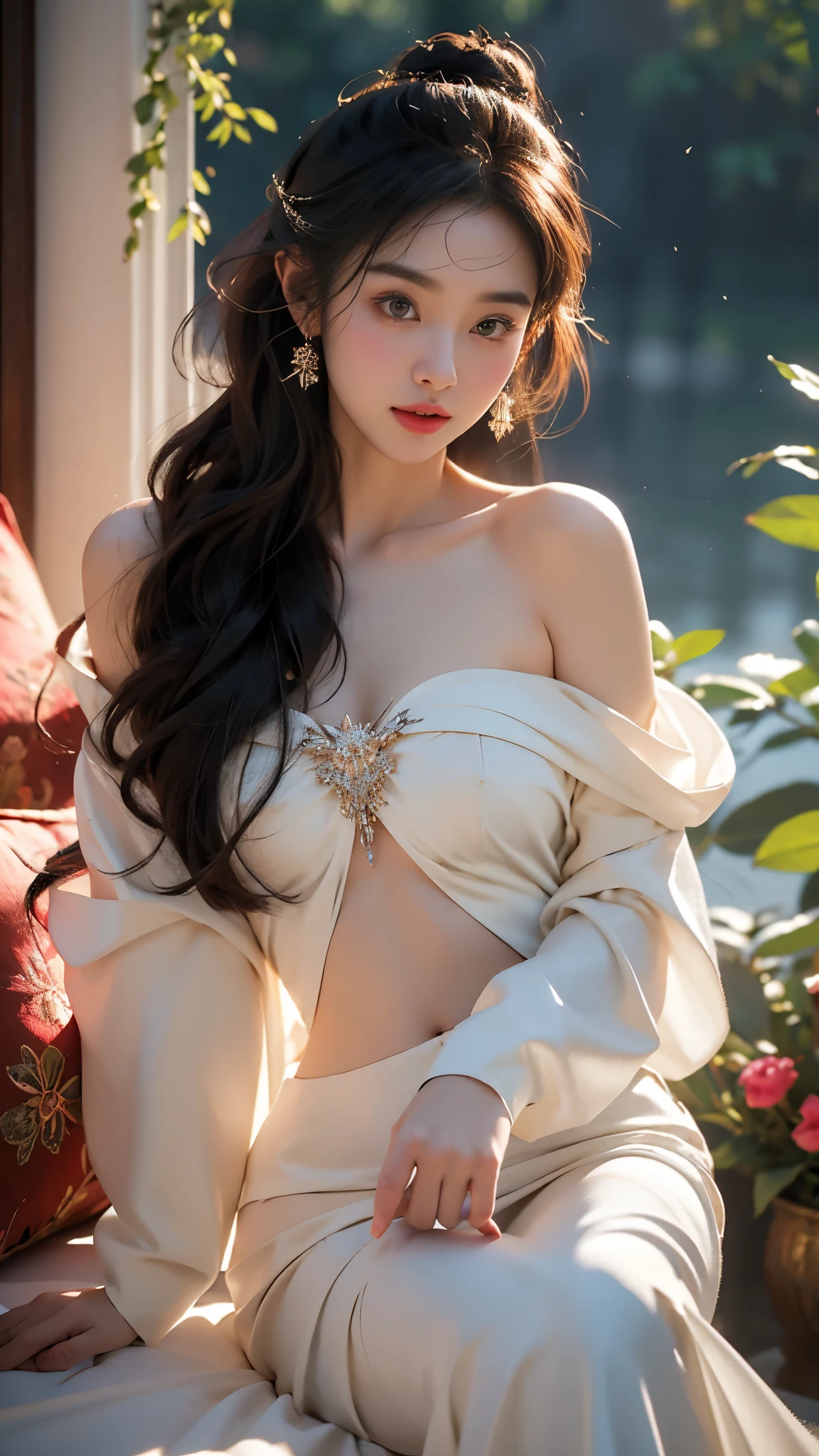 exotic_dance, (masterpiece, best quality:1.2), 1girl, solo, ((off shoulder clothes)), In the depths of Wonderland,The moonlight falls like water,foggy room,The figure of the heroine is vaguely visible,Just like the fairy in the painting,Slender sexy legs,Very nice legs,Leaking sexy legs,Big breasts,美丽而又带着一丝mystery的色彩。Her face is beautiful and delicate,Like finely carved jade,Showing otherworldly beauty。The eyebrows are picturesque,The waves in my eyes are like twinkling stars,Show the light of perseverance and wisdom。The bridge of the nose is straight,Lip color like cherry,The slightly raised corners of the mouth reveal confidence and calmness。Her face is well defined,The skin is as fair as jade,Reveals a healthy glow,Just like a fairy, she never eats fireworks in the world。Her makeup is light and delicate,Not too much embellishment,But enough to show her temperament and charm。Light-colored foundation brings out the transparency of the skin,A light eyebrow pencil outlines her perfect eyebrow shape,Eye makeup is eye shadow and eyeliner,Make her eyes brighter and more energetic。嘴唇涂上grace的口红,Adds a bit of charm and sophistication。她的衣服grace别致,Clothes flutter,It seems like it will be blown up by the wind at any time,drifting into the distance。既不失grace,Also showed her extraordinary skills。Rocking with her movements。Her hair is tied back casually,Secure it with a hosta,A few strands of hair are fluttering gently in the wind,Adds a bit of softness。Her figure is looming in the fairyland,宛如一道Big breasts美丽的风景线,attracted everyone's attention。She seems to be a fairy in wonderland,Big breasts美丽、grace、mystery、and full of power。