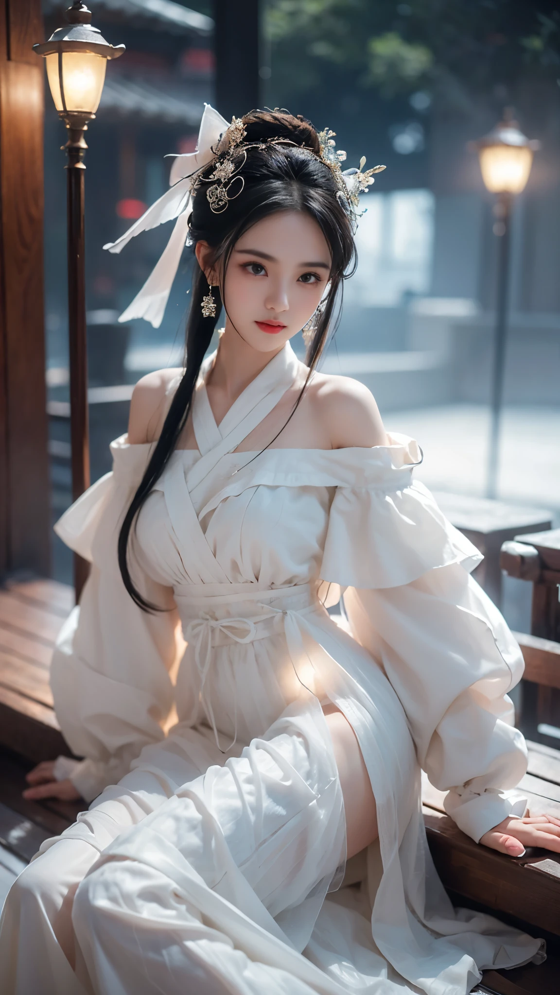 BAINV, (masterpiece, best quality:1.2), 1girl, solo, ((off shoulder clothes)), In the depths of Wonderland,The moonlight falls like water,foggy room,The figure of the heroine is vaguely visible,Just like the fairy in the painting,Slender sexy legs,Very nice legs,Leaking sexy legs,Big breasts,美丽而又带着一丝mystery的色彩。Her face is beautiful and delicate,Like finely carved jade,Showing otherworldly beauty。The eyebrows are picturesque,The waves in my eyes are like twinkling stars,Show the light of perseverance and wisdom。The bridge of the nose is straight,Lip color like cherry,The slightly raised corners of the mouth reveal confidence and calmness。Her face is well defined,The skin is as fair as jade,Reveals a healthy glow,Just like a fairy, she never eats fireworks in the world。Her makeup is light and delicate,Not too much embellishment,But enough to show her temperament and charm。Light-colored foundation brings out the transparency of the skin,A light eyebrow pencil outlines her perfect eyebrow shape,Eye makeup is eye shadow and eyeliner,Make her eyes brighter and more energetic。嘴唇涂上grace的口红,Adds a bit of charm and sophistication。她的衣服grace别致,Clothes flutter,It seems like it will be blown up by the wind at any time,drifting into the distance。既不失grace,Also showed her extraordinary skills。Rocking with her movements。Her hair is tied back casually,Secure it with a hosta,A few strands of hair are fluttering gently in the wind,Adds a bit of softness。Her figure is looming in the fairyland,宛如一道Big breasts美丽的风景线,attracted everyone's attention。She seems to be a fairy in wonderland,Big breasts美丽、grace、mystery、and full of power。