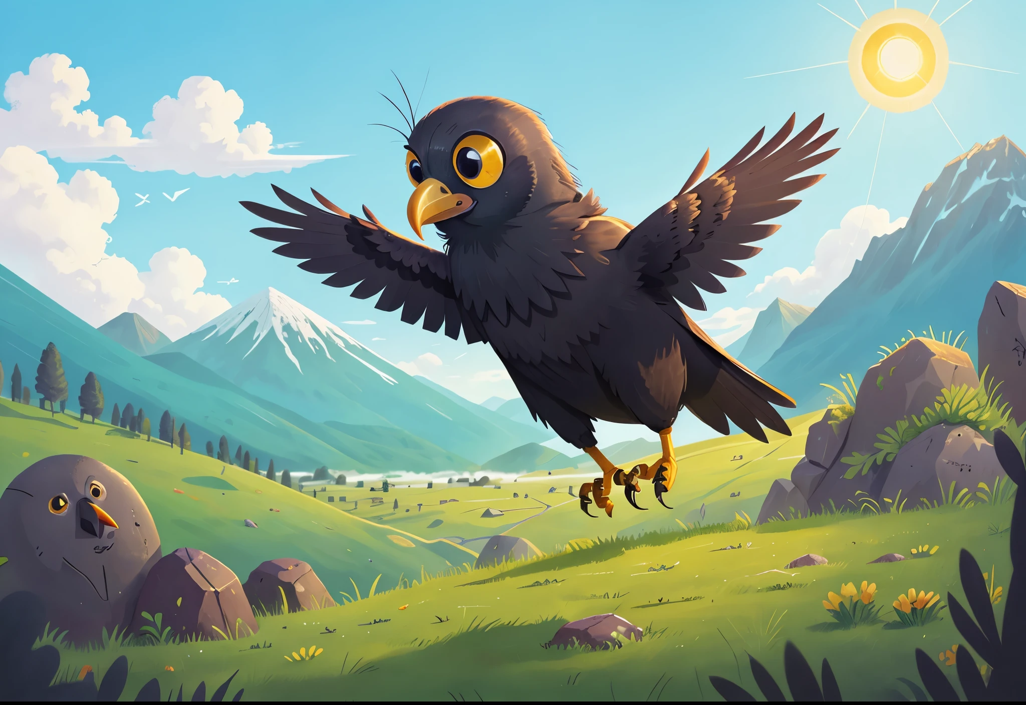 solo,(a crow flying in the sky:1.2), sun, grassland, distant mountains, sky, black crow, cartoon, anxious,close-up,Fable story: Crow drinking water, 