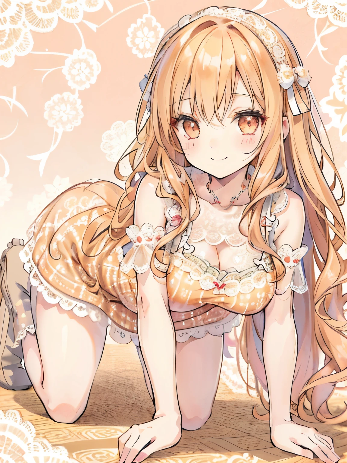 girl,Light orange,Long curled hair,,((slouch:1.5)),((close up of face:1.3)),pastel colored background,Cute atmosphere,Plaid,((Cute pose on all fours:1.3)),((smile)),((A slightly sexy fluffy dress with lots of lace:1.35)),((lace pattern background:1.5))