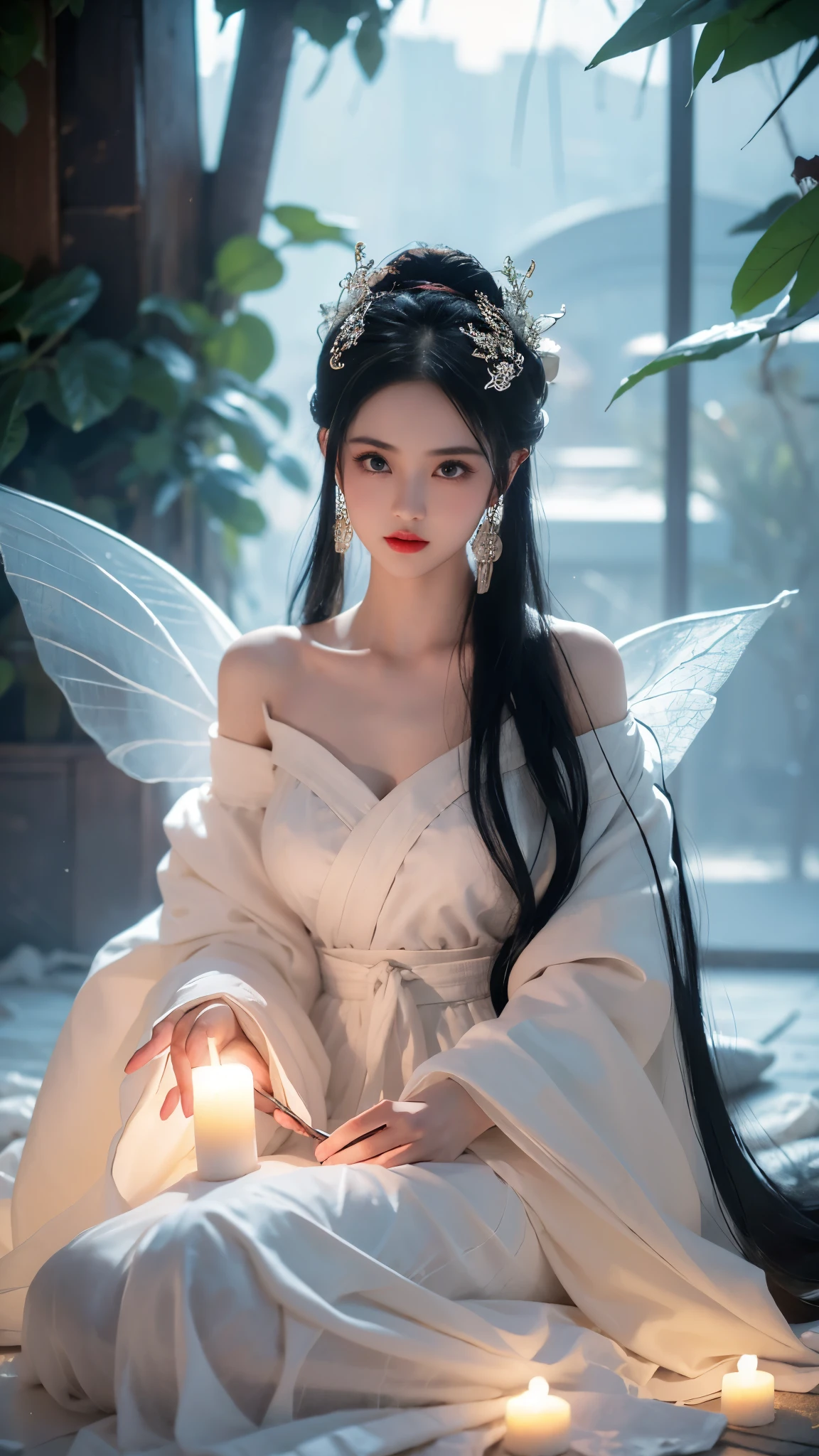 BAINV, (masterpiece, best quality:1.2), 1girl, solo, ((off shoulder clothes)), In the depths of Wonderland，The moonlight falls like water，foggy room，The figure of the heroine is vaguely visible，Just like the fairy in the painting，Slender sexy legs，Very nice legs，Leaking sexy legs，Big breasts，美丽而又带着一丝mystery的色彩。Her face is beautiful and delicate，Like finely carved jade，Showing otherworldly beauty。The eyebrows are picturesque，The waves in my eyes are like twinkling stars，Show the light of perseverance and wisdom。The bridge of the nose is straight，Lip color like cherry，The slightly raised corners of the mouth reveal confidence and calmness。Her face is well defined，The skin is as fair as jade，Reveals a healthy glow，Just like a fairy, she never eats fireworks in the world。Her makeup is light and delicate，Not too much embellishment，But enough to show her temperament and charm。Light-colored foundation brings out the transparency of the skin，A light eyebrow pencil outlines her perfect eyebrow shape，Eye makeup is eye shadow and eyeliner，Make her eyes brighter and more energetic。嘴唇涂上grace的口红，Adds a bit of charm and sophistication。她的衣服grace别致，Clothes flutter，It seems like it will be blown up by the wind at any time，drifting into the distance。既不失grace，Also showed her extraordinary skills。Rocking with her movements。Her hair is tied back casually，Secure it with a hosta，A few strands of hair are fluttering gently in the wind，Adds a bit of softness。Her figure is looming in the fairyland，宛如一道Big breasts美丽的风景线，attracted everyone&#39;s attention。She seems to be a fairy in wonderland，Big breasts美丽、grace、mystery、and full of power。