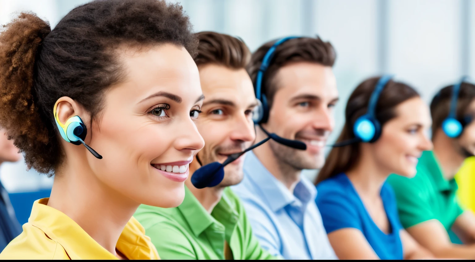 closeup cru de um atendente de telemarketing, in a call center operation with a blue and yellow background, Cru, 8k, Ultra HD, natural lighting, sincero, close extremo,