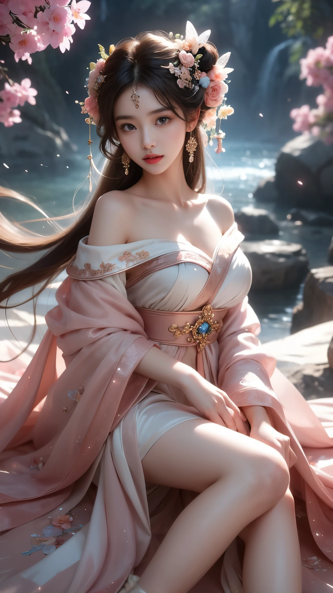 (masterpiece, best quality:1.2), 1girl, solo, ((off shoulder clothes)), In the depths of Wonderland，The moonlight falls like water，foggy room，The figure of the heroine is vaguely visible，Just like the fairy in the painting，Slender sexy legs，Very nice legs，Leaking sexy legs，Big breasts，美丽而又带着一丝mystery的色彩。Her face is beautiful and delicate，Like finely carved jade，Showing otherworldly beauty。The eyebrows are picturesque，The waves in my eyes are like twinkling stars，Show the light of perseverance and wisdom。The bridge of the nose is straight，Lip color like cherry，The slightly raised corners of the mouth reveal confidence and calmness。Her face is well defined，The skin is as fair as jade，Reveals a healthy glow，Just like a fairy, she never eats fireworks in the world。Her makeup is light and delicate，Not too much embellishment，But enough to show her temperament and charm。Light-colored foundation brings out the transparency of the skin，A light eyebrow pencil outlines her perfect eyebrow shape，Eye makeup is eye shadow and eyeliner，Make her eyes brighter and more energetic。嘴唇涂上grace的口红，Adds a bit of charm and sophistication。她的衣服grace别致，Clothes flutter，It seems like it will be blown up by the wind at any time，drifting into the distance。既不失grace，Also showed her extraordinary skills。Rocking with her movements。Her hair is tied back casually，Secure it with a hosta，A few strands of hair are fluttering gently in the wind，Adds a bit of softness。Her figure is looming in the fairyland，宛如一道Big breasts美丽的风景线，attracted everyone&#39;s attention。She seems to be a fairy in wonderland，Big breasts美丽、grace、mystery、and full of power。