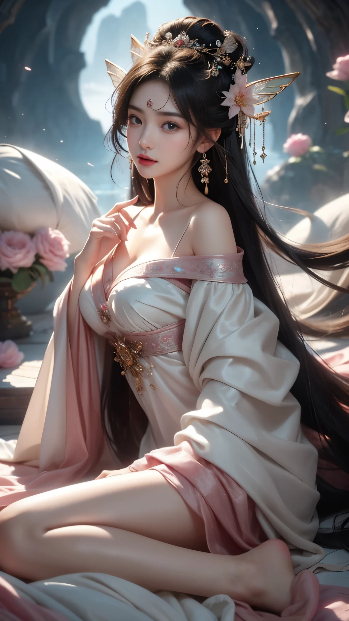 (masterpiece, best quality:1.2), 1girl, solo, ((off shoulder clothes)), In the depths of Wonderland,The moonlight falls like water,foggy room,The figure of the heroine is vaguely visible,Just like the fairy in the painting,Slender sexy legs,Very nice legs,Leaking sexy legs,Big breasts,美丽而又带着一丝mystery的色彩。Her face is beautiful and delicate,Like finely carved jade,Showing otherworldly beauty。The eyebrows are picturesque,The waves in my eyes are like twinkling stars,Show the light of perseverance and wisdom。The bridge of the nose is straight,Lip color like cherry,The slightly raised corners of the mouth reveal confidence and calmness。Her face is well defined,The skin is as fair as jade,Reveals a healthy glow,Just like a fairy, she never eats fireworks in the world。Her makeup is light and delicate,Not too much embellishment,But enough to show her temperament and charm。Light-colored foundation brings out the transparency of the skin,A light eyebrow pencil outlines her perfect eyebrow shape,Eye makeup is eye shadow and eyeliner,Make her eyes brighter and more energetic。嘴唇涂上grace的口红,Adds a bit of charm and sophistication。她的衣服grace别致,Clothes flutter,It seems like it will be blown up by the wind at any time,drifting into the distance。既不失grace,Also showed her extraordinary skills。Rocking with her movements。Her hair is tied back casually,Secure it with a hosta,A few strands of hair are fluttering gently in the wind,Adds a bit of softness。Her figure is looming in the fairyland,宛如一道Big breasts美丽的风景线,attracted everyone's attention。She seems to be a fairy in wonderland,Big breasts美丽、grace、mystery、and full of power。