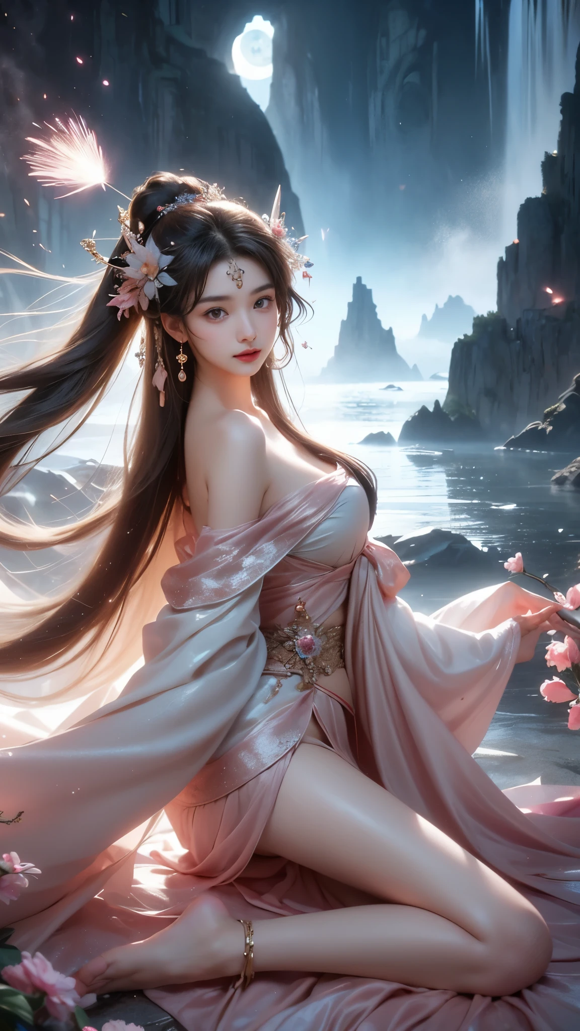 (masterpiece, best quality:1.2), 1girl, solo, ((off shoulder clothes)), In the depths of Wonderland，The moonlight falls like water，foggy room，The figure of the heroine is vaguely visible，Just like the fairy in the painting，Slender sexy legs，Very nice legs，Leaking sexy legs，Big breasts，美丽而又带着一丝mystery的色彩。Her face is beautiful and delicate，Like finely carved jade，Showing otherworldly beauty。The eyebrows are picturesque，The waves in my eyes are like twinkling stars，Show the light of perseverance and wisdom。The bridge of the nose is straight，Lip color like cherry，The slightly raised corners of the mouth reveal confidence and calmness。Her face is well defined，The skin is as fair as jade，Reveals a healthy glow，Just like a fairy, she never eats fireworks in the world。Her makeup is light and delicate，Not too much embellishment，But enough to show her temperament and charm。Light-colored foundation brings out the transparency of the skin，A light eyebrow pencil outlines her perfect eyebrow shape，Eye makeup is eye shadow and eyeliner，Make her eyes brighter and more energetic。嘴唇涂上grace的口红，Adds a bit of charm and sophistication。她的衣服grace别致，Clothes flutter，It seems like it will be blown up by the wind at any time，drifting into the distance。既不失grace，Also showed her extraordinary skills。Rocking with her movements。Her hair is tied back casually，Secure it with a hosta，A few strands of hair are fluttering gently in the wind，Adds a bit of softness。Her figure is looming in the fairyland，宛如一道Big breasts美丽的风景线，attracted everyone&#39;s attention。She seems to be a fairy in wonderland，Big breasts美丽、grace、mystery、and full of power。