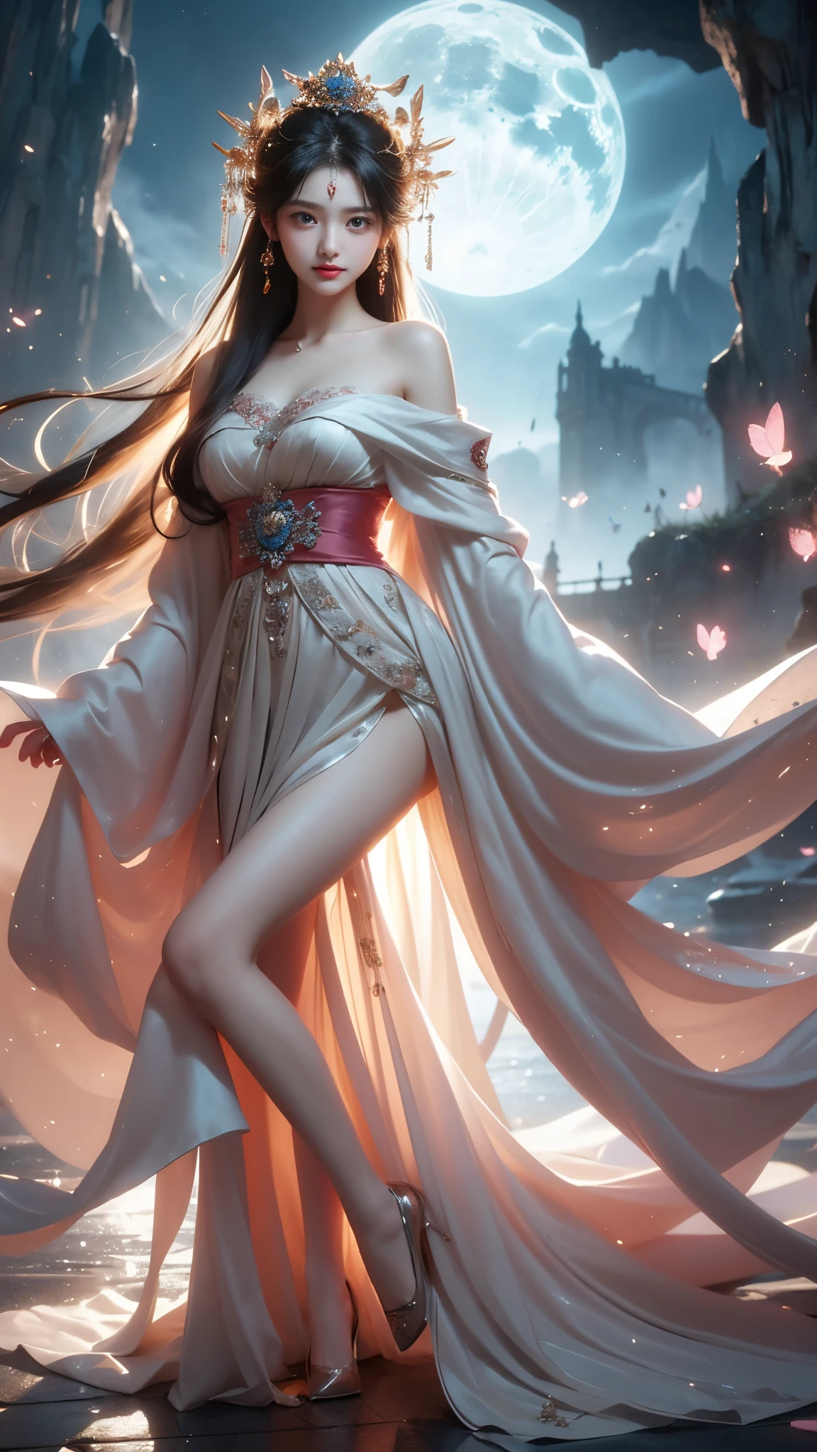 (masterpiece, best quality:1.2), 1girl, solo, ((off shoulder clothes)), In the depths of Wonderland，The moonlight falls like water，foggy room，The figure of the heroine is vaguely visible，Just like the fairy in the painting，Slender sexy legs，Very nice legs，Leaking sexy legs，Big breasts，美丽而又带着一丝mystery的色彩。Her face is beautiful and delicate，Like finely carved jade，Showing otherworldly beauty。The eyebrows are picturesque，The waves in my eyes are like twinkling stars，Show the light of perseverance and wisdom。The bridge of the nose is straight，Lip color like cherry，The slightly raised corners of the mouth reveal confidence and calmness。Her face is well defined，The skin is as fair as jade，Reveals a healthy glow，Just like a fairy, she never eats fireworks in the world。Her makeup is light and delicate，Not too much embellishment，But enough to show her temperament and charm。Light-colored foundation brings out the transparency of the skin，A light eyebrow pencil outlines her perfect eyebrow shape，Eye makeup is eye shadow and eyeliner，Make her eyes brighter and more energetic。嘴唇涂上grace的口红，Adds a bit of charm and sophistication。她的衣服grace别致，Clothes flutter，It seems like it will be blown up by the wind at any time，drifting into the distance。既不失grace，Also showed her extraordinary skills。Rocking with her movements。Her hair is tied back casually，Secure it with a hosta，A few strands of hair are fluttering gently in the wind，Adds a bit of softness。Her figure is looming in the fairyland，宛如一道Big breasts美丽的风景线，attracted everyone&#39;s attention。She seems to be a fairy in wonderland，Big breasts美丽、grace、mystery、and full of power。