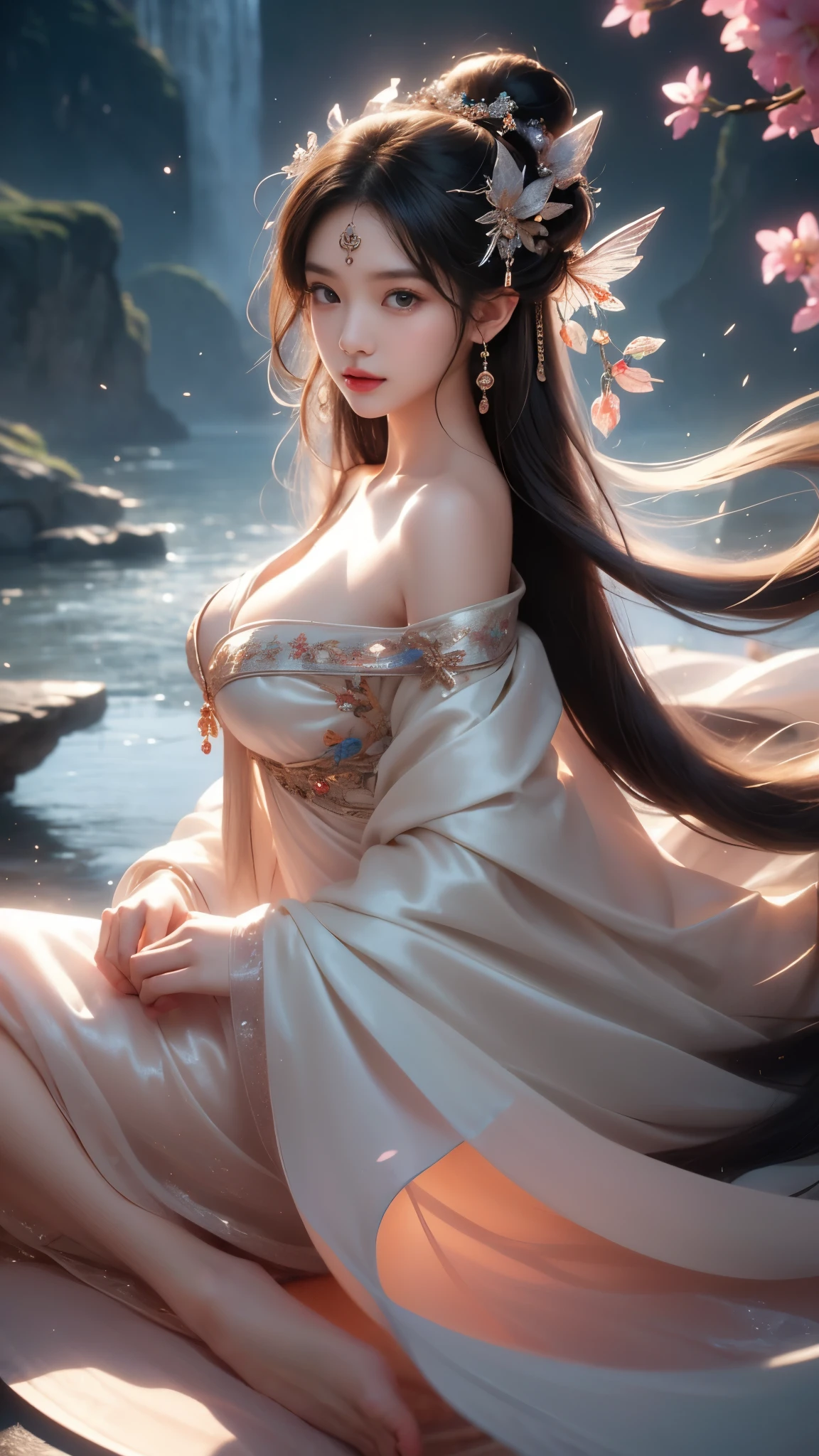 (masterpiece, best quality:1.2), 1girl, solo, ((off shoulder clothes)), In the depths of Wonderland，The moonlight falls like water，foggy room，The figure of the heroine is vaguely visible，Just like the fairy in the painting，Slender sexy legs，Very nice legs，Leaking sexy legs，Big breasts，美丽而又带着一丝mystery的色彩。Her face is beautiful and delicate，Like finely carved jade，Showing otherworldly beauty。The eyebrows are picturesque，The waves in my eyes are like twinkling stars，Show the light of perseverance and wisdom。The bridge of the nose is straight，Lip color like cherry，The slightly raised corners of the mouth reveal confidence and calmness。Her face is well defined，The skin is as fair as jade，Reveals a healthy glow，Just like a fairy, she never eats fireworks in the world。Her makeup is light and delicate，Not too much embellishment，But enough to show her temperament and charm。Light-colored foundation brings out the transparency of the skin，A light eyebrow pencil outlines her perfect eyebrow shape，Eye makeup is eye shadow and eyeliner，Make her eyes brighter and more energetic。嘴唇涂上grace的口红，Adds a bit of charm and sophistication。她的衣服grace别致，Clothes flutter，It seems like it will be blown up by the wind at any time，drifting into the distance。既不失grace，Also showed her extraordinary skills。Rocking with her movements。Her hair is tied back casually，Secure it with a hosta，A few strands of hair are fluttering gently in the wind，Adds a bit of softness。Her figure is looming in the fairyland，宛如一道Big breasts美丽的风景线，attracted everyone&#39;s attention。She seems to be a fairy in wonderland，Big breasts美丽、grace、mystery、and full of power。