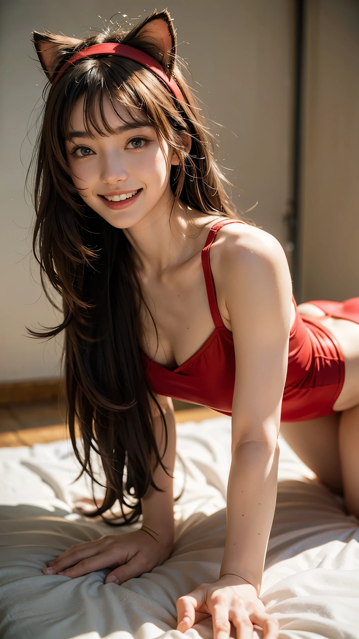 highest quality, masterpiece, ultra high resolution, (realistic:1.4), (close portrait) RAW photo, 1 girl, 22 years old,slender body,small breasts,((crawl on all fours)),back view,Buttocks,lewd expression,((red enamel suit)),cat ear headband,((long hair with straight bangs)),((Pulling up your hair)),((looking up at the viewer)), realistic pictures, ((Medium chest)),((toothy smile)),